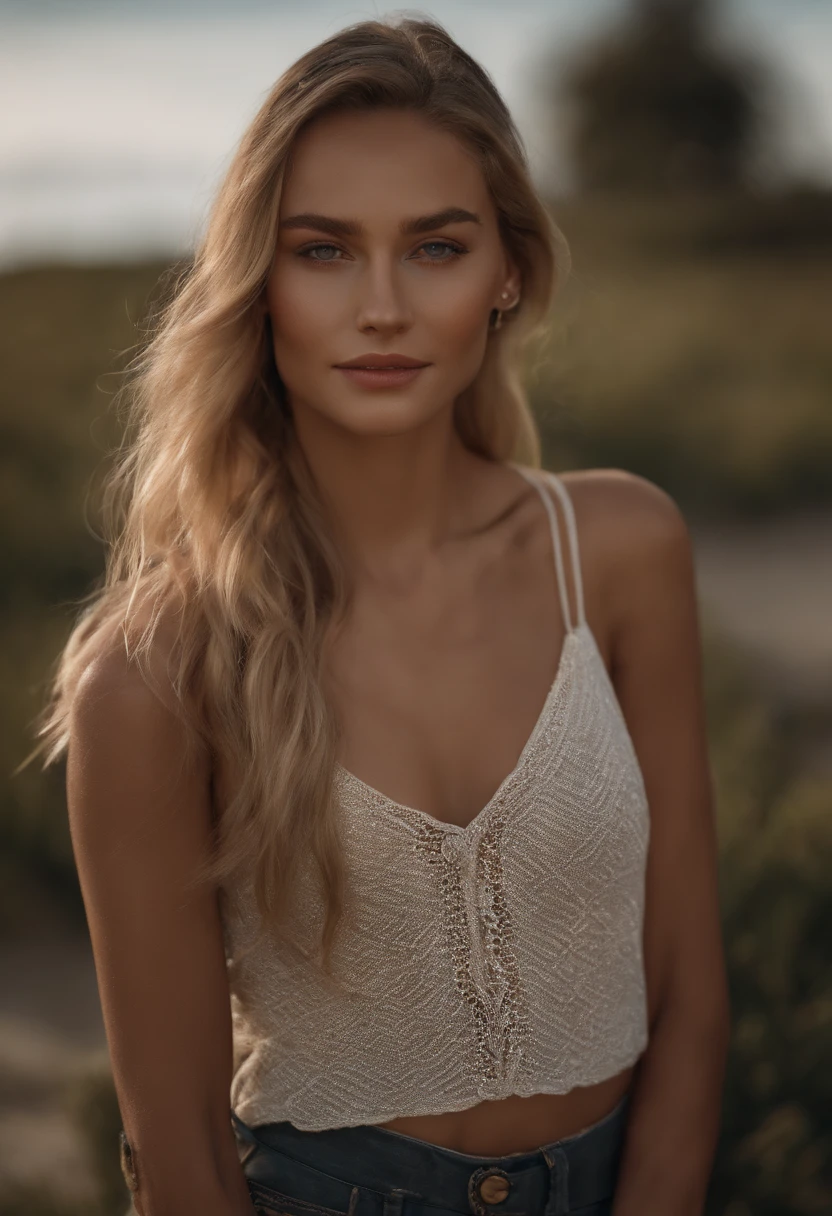 Cinematic soft lighting illuminates a stunningly detailed and ultra-realistic beautiful Greek supermodel, beach look, long messy windy dark blonde hair, clear green eyes, captivating perfect smile, sensual, hot woman, gorgeous, that is trending on ArtStation. Octane is the perfect tool to capture the softest details of this 16k photography masterpiece.
