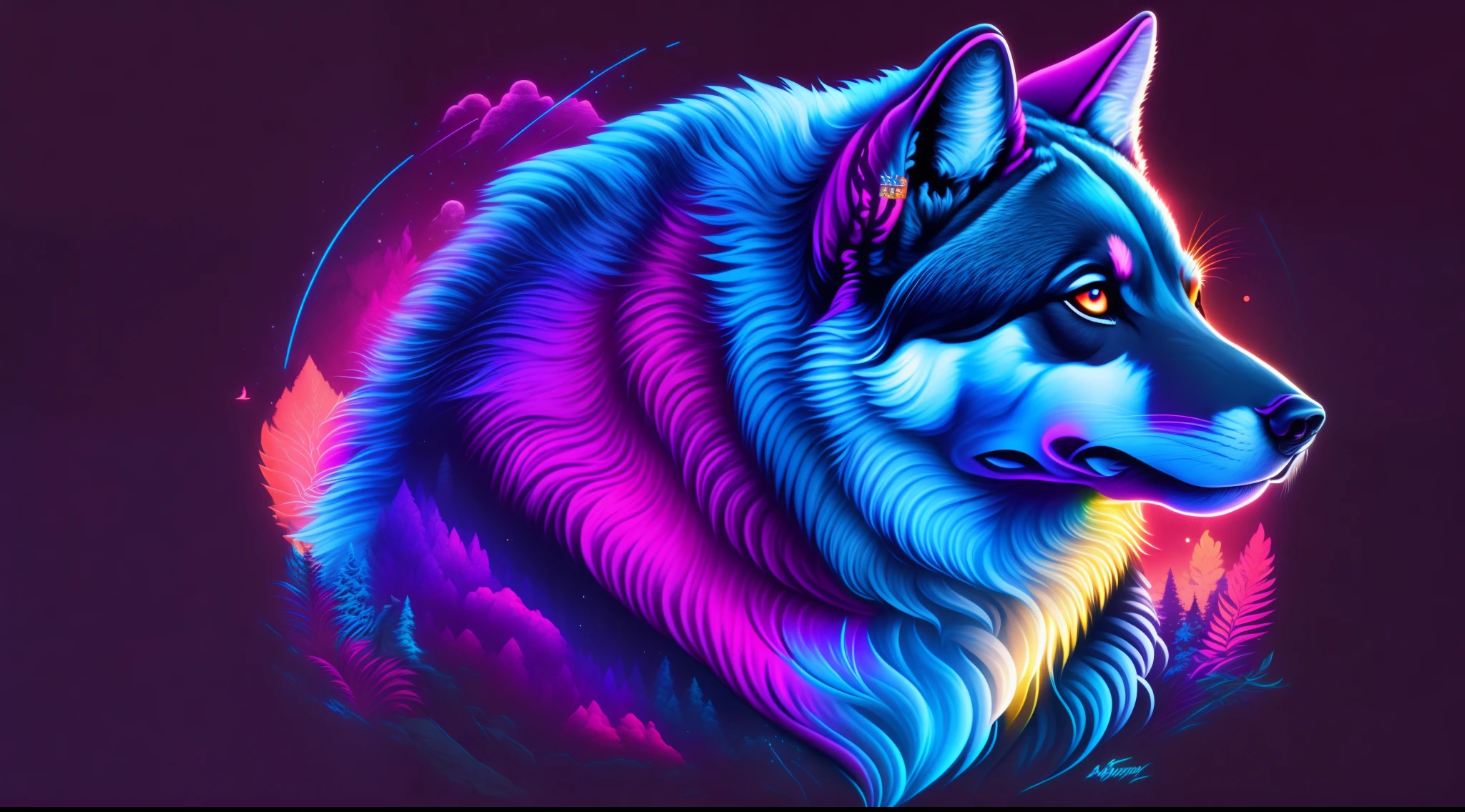 lindo lobo, cores frias em neon, design de camiseta, rzminjourney, arte vetorial
