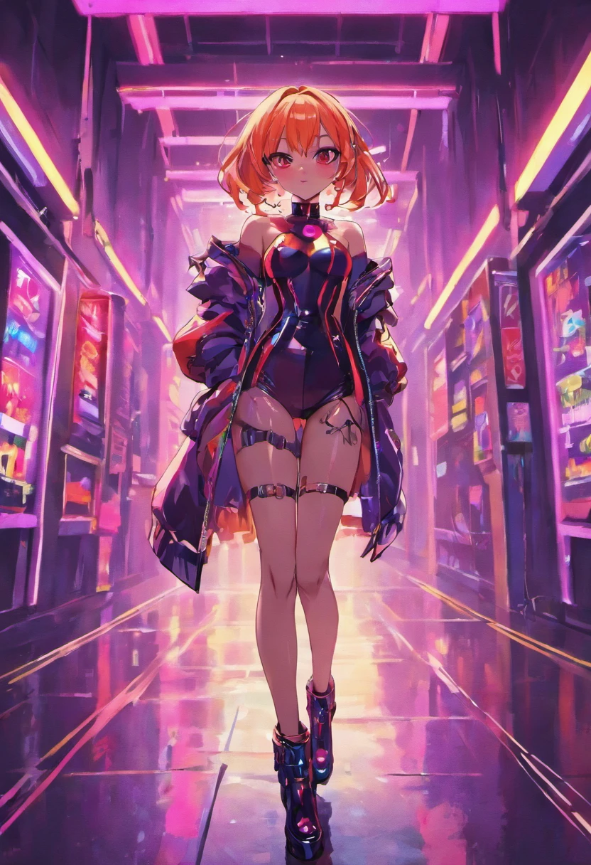 (best quality,4k,8k,highres,masterpiece:1.2),ultra-detailed,realistic,beautiful girl in skintight latex,longeyelashes,attractive, seductive,confident pose,empty street,night lights,cityscape,high contrast,shiny latex,reflective surface,curve-hugging outfit,dramatic shadows,modern urban environment,sensual expression,urban glamour,vibrant colors, sleek hairstyle,high fashion,modern femme fatale, fashion model, biker boots, edgy makeup, neon lights