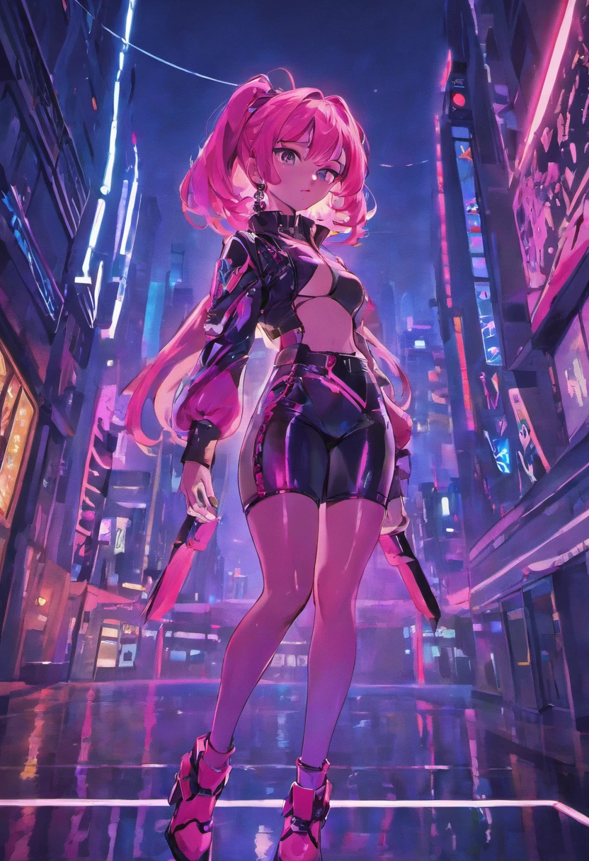 1 girl, Smile, night sky, Cyberpunk, city, (collapsed building, battlefield, holding gun: 1.3) (no panties: 1.2), (art, high quality, best quality, 4K, 8k, 16k , high resolution, absurd: 1.2), sensual, pink wear, Nipples