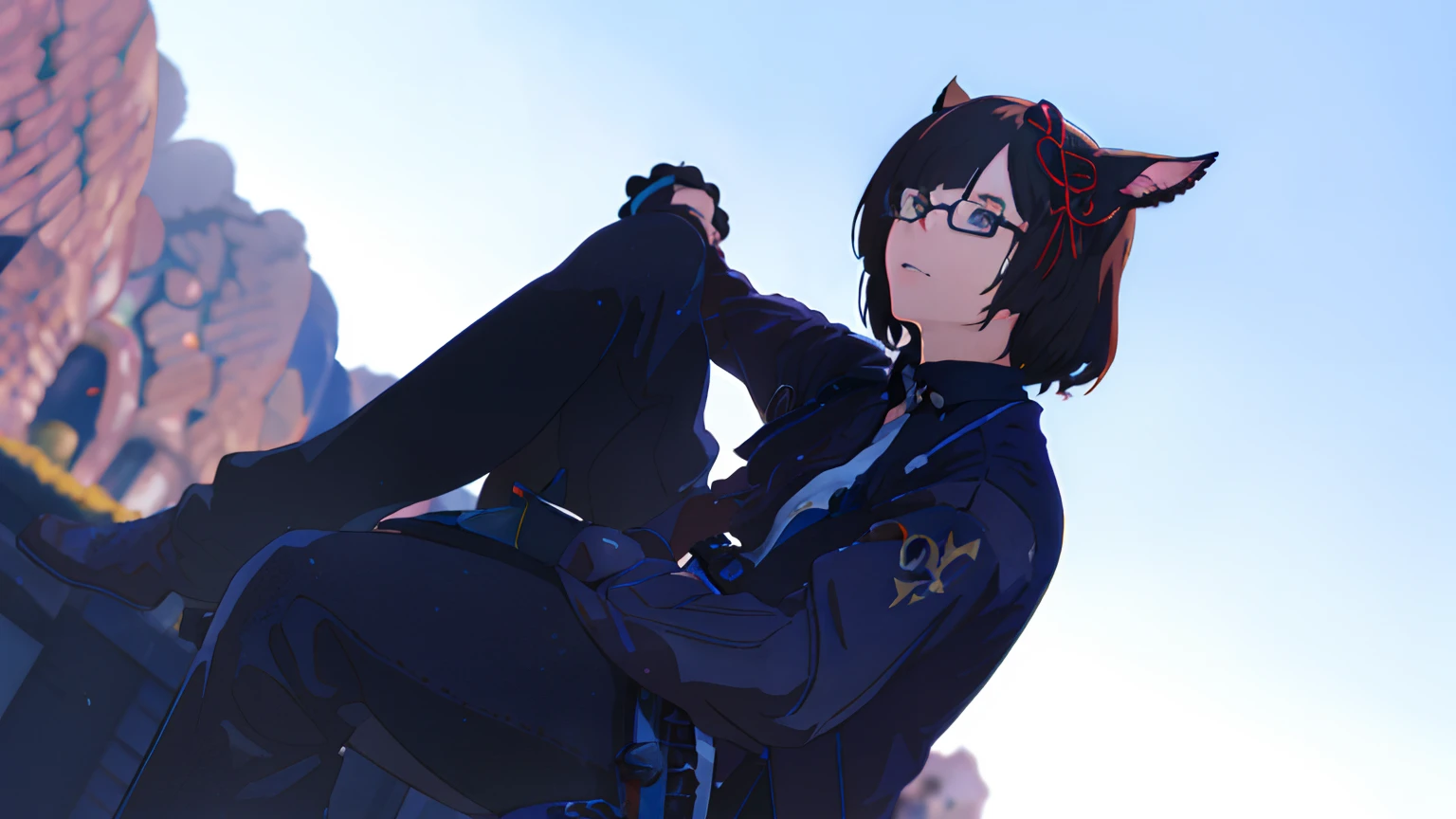 Anime - Bild einer Frau mit Katzenohren und Brille, die auf einem Felsen sitzt, hints of yayoi kasuma, 2b, 2 b, Noire Moody Szene, knallharte Pose, Als Charakter in Tekken, schwarze Katze, Badass Anime 8 K, tot oder lebendig 6, Yayoi Kasuma, 8k octae Foto rendern, auch, strongest pose