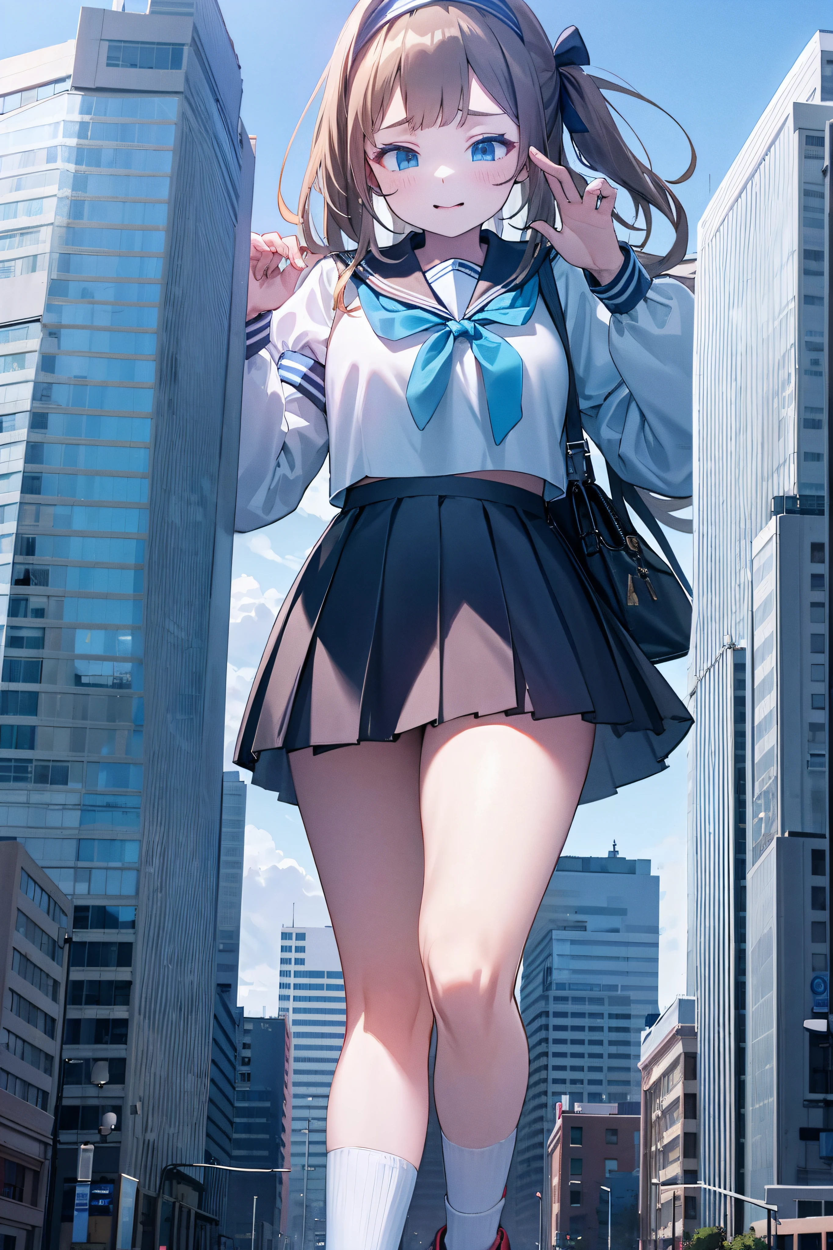 Huge maiden in sneakers，A girl taller than a building，a sailor suit，short  skirt