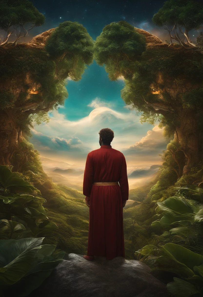 Em um surreal, fantastic world, homem deslumbrante com cabelos ondulados possui olhos que parecem guardar os segredos do universo. He is in the midst of floating islands in the sky. The atmosphere is otherworldly, com um senso de magia e maravilha. This prompt runs in a highly detailed digital art style, combinando realismo com elementos de fantasia, Usando uma lente grande angular (24 mm) para capturar a grandiosidade da cena, olhando para o viewer