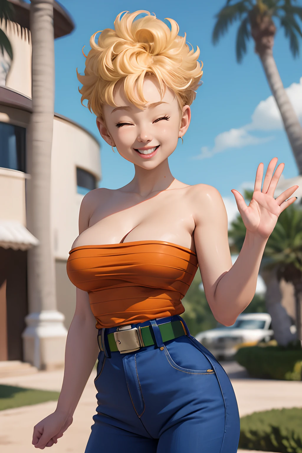 masterpiece, best quality, panchy, orange shirt, strapless, belt, blue pants, closed eyes, happy, smile, closed mouth, large breasts, waving with right hand