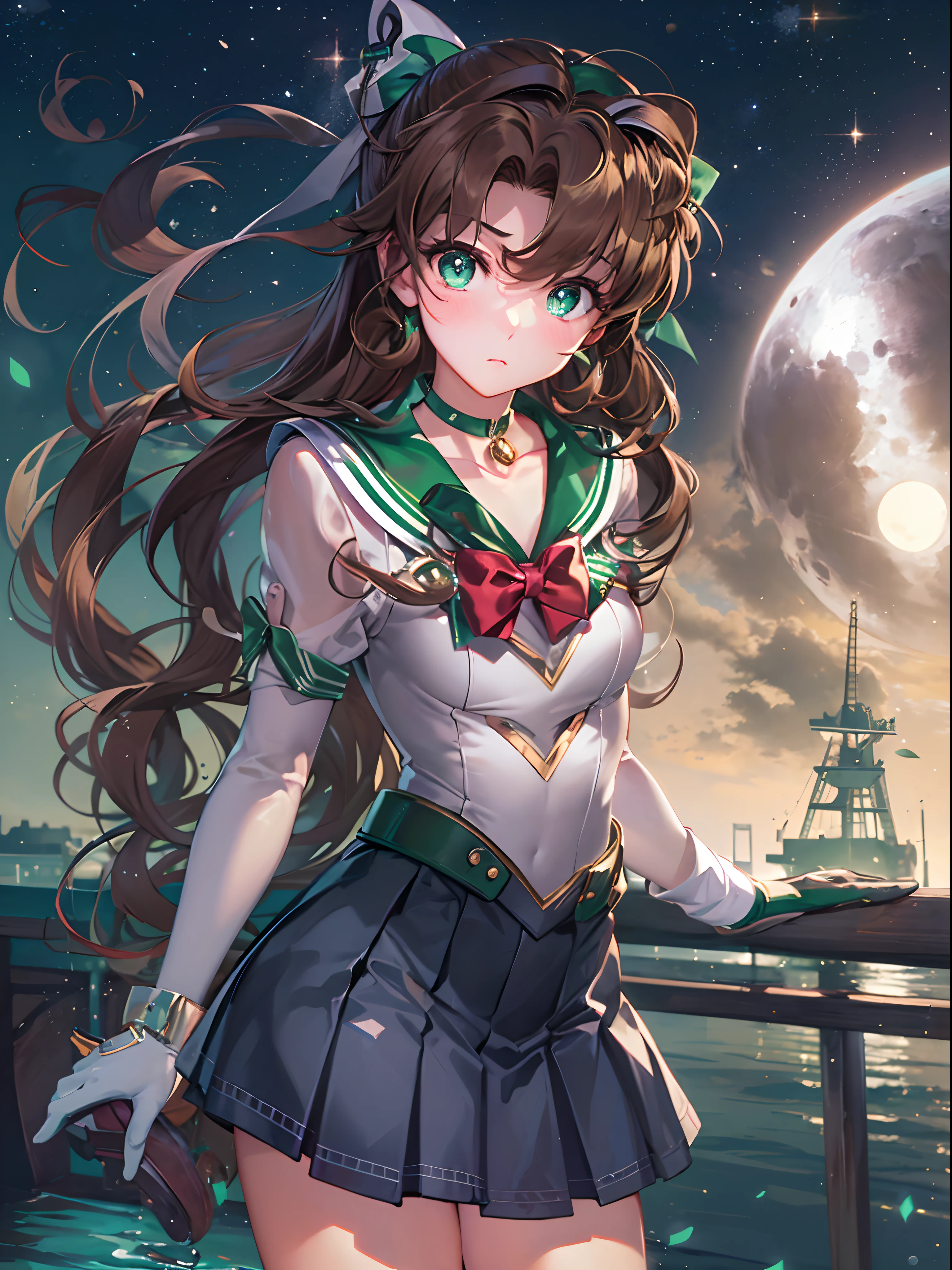 best quality,masterpiece,reality:0.6,1girl ,under the moon,rich background,(Sailor Jupiter,)(Makoto Kino),Cocoa brown hair, emerald green pupils, (single curly ponytail), gloves, gentle, short boots,bow tie, beautiful legs