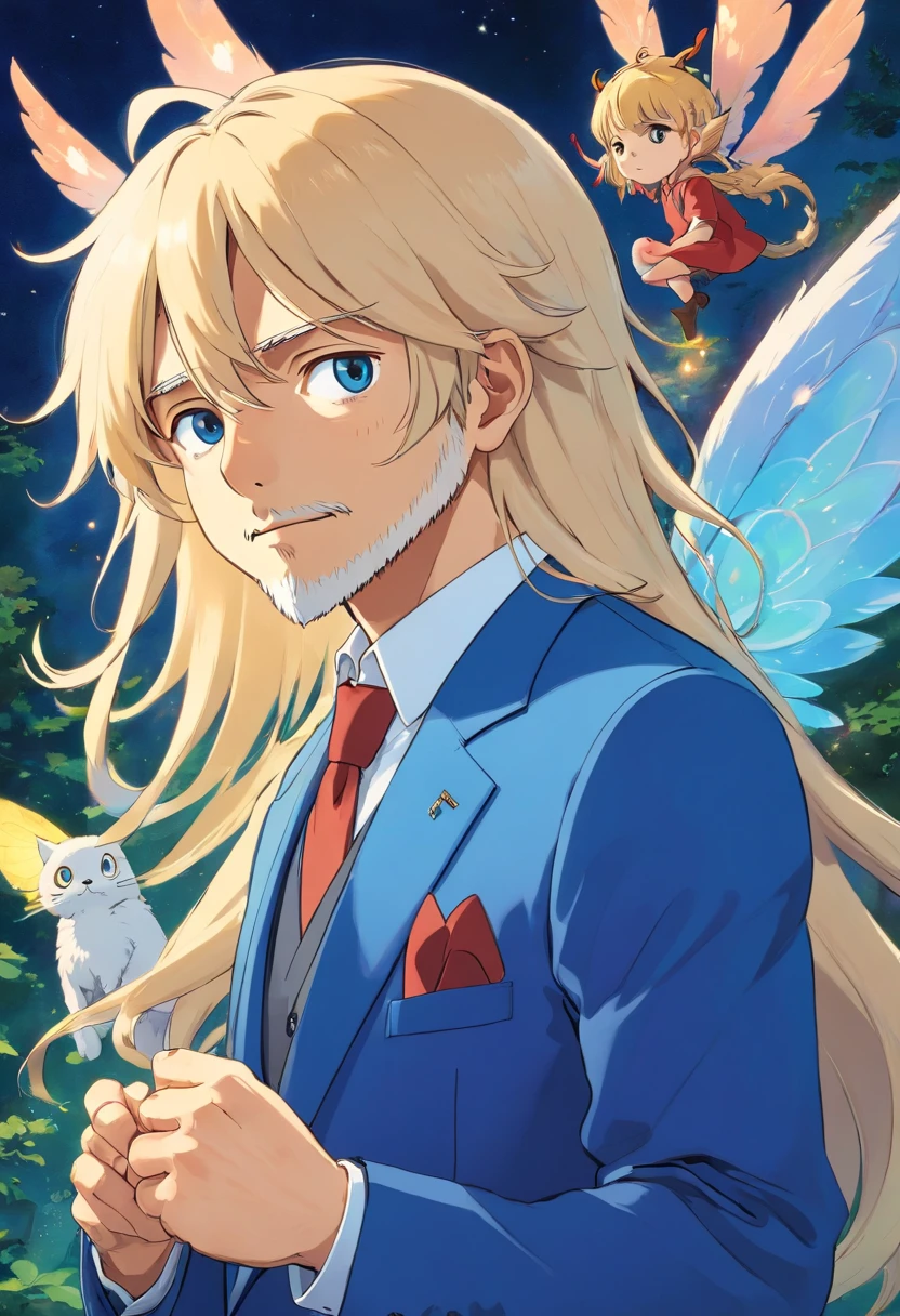 Faerie in a blue suit and long, blond hair with a blond beard, old man