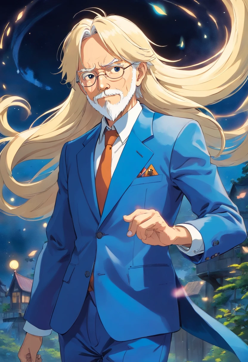 Faerie in a blue suit and long, blond hair with a blond beard, old man