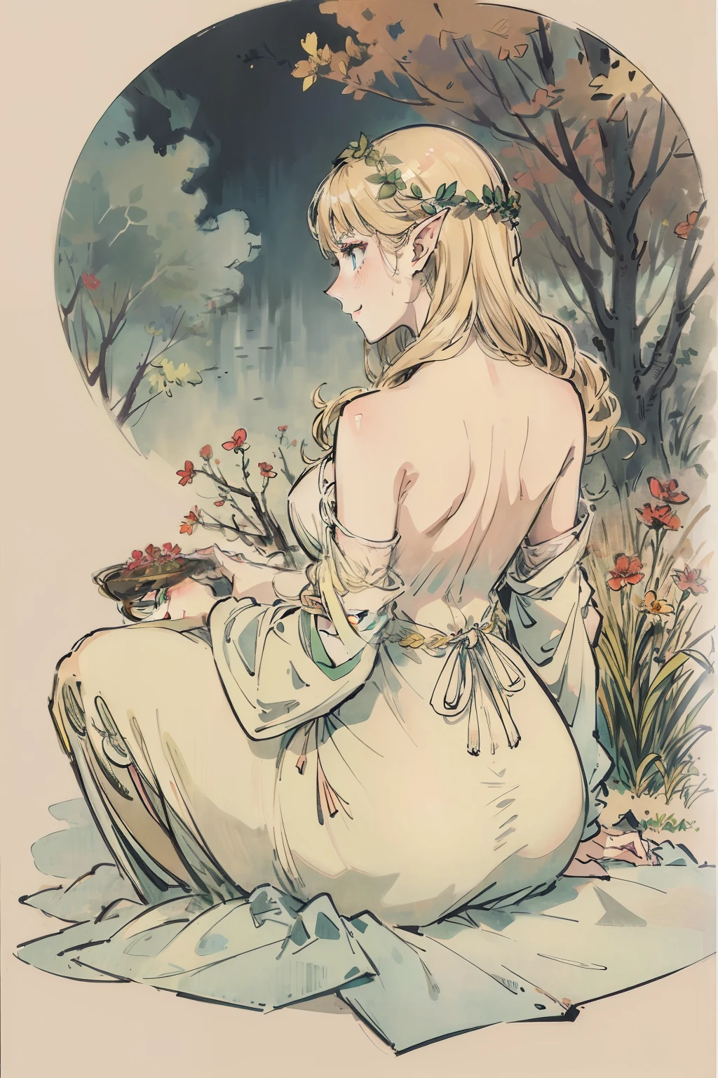 SFW,masutepiece, Best Quality, High resolution, 1girl in, Full body, Details Girl, detail hands, Detail fingers, Detail Face, detail legs, 1girl in, elf, Looking down, Flower Garden, Black sky, smog, watercolor paiting, pale skin, Petite, Blonde hair, Long hair, Wavy Hair, saddened, mournful smile, Green eyes, tareme, medium breasts, white sundress, Bare back, Kneeling, Planting trees