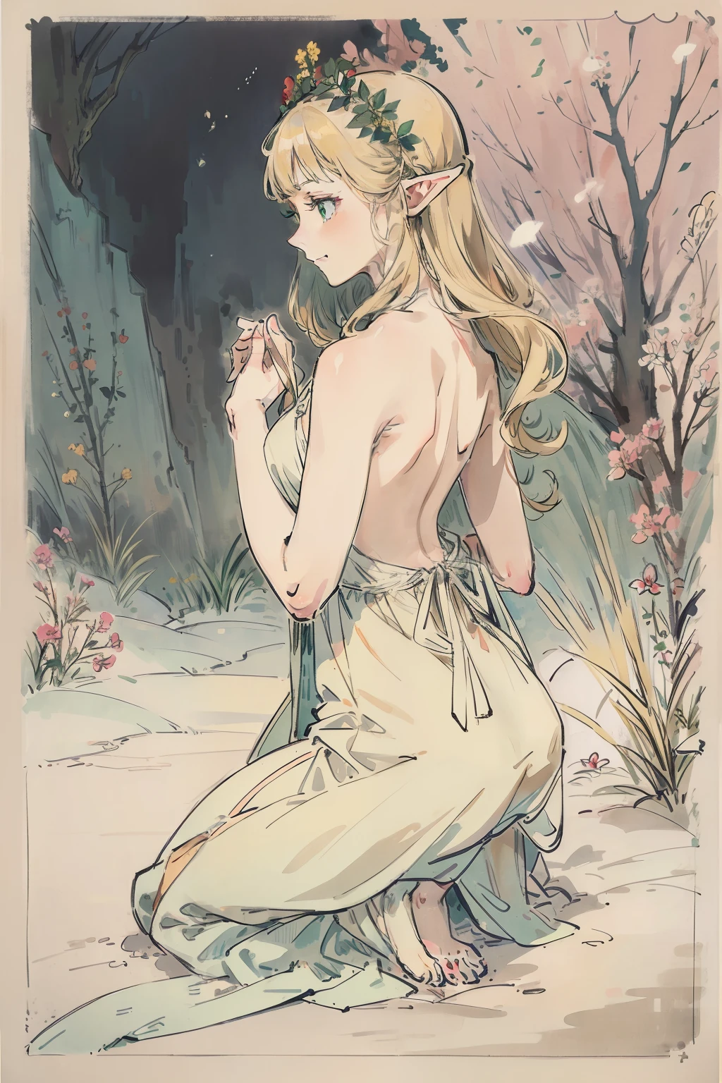 SFW,masutepiece, Best Quality, High resolution, 1girl in, Full body, Details Girl, detail hands, Detail fingers, Detail Face, detail legs, 1girl in, elf, Looking down, Flower Garden, Black sky, smog, watercolor paiting, pale skin, Petite, Blonde hair, Long hair, Wavy Hair, saddened, mournful smile, Green eyes, tareme, medium breasts, white sundress, Bare back, Kneeling, Planting trees
