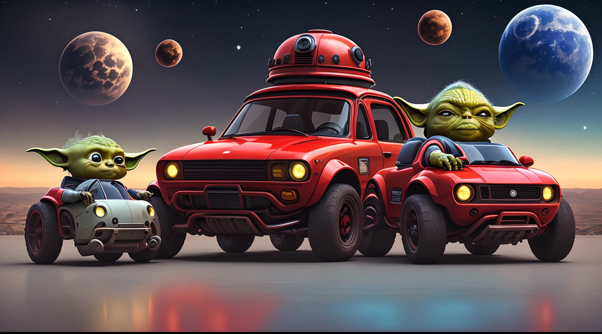 Yoda and Jerry are fighting with red lightsabers in colorful space, with the Milky Way galaxy behind them. --auto