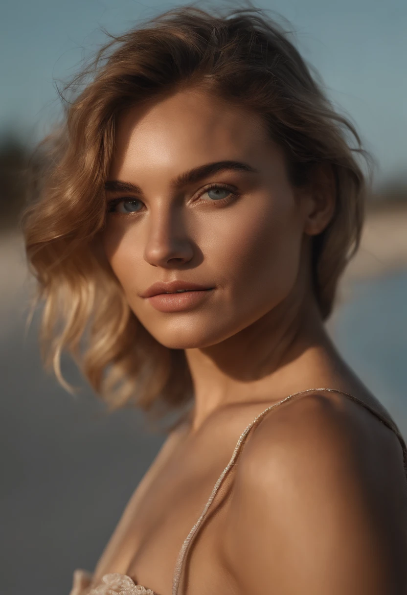 .RAW, analogique, Nikon Z 85mm,((Best quality)), ((Masterpiece)), ((Realstic)),Face close to camera image, Magnifique femme russe, Blonde, 22 ans, Poser sur une plage, porter de la lingerie petite, hair tied up, Face looking at the camera, sourire avec des dents montrant, ((petits seins)), Intricate details, highly detailed, mise au point nette, professionnel, 4K, Rayons divins, hand model, Superbes yeux bruns, petite,chin strong big ramus dnot defined jaw huge cheekbones strong cheekbones high cheekbones high big eyes. Large high-resolution face projection, Detailed facial features, High detail, mise au point nette, lisse, Extremely detailed, photo_\(ultra\), photoreallistic, Realstic, Post-traitement, max detail, roughness, real life, ultra realist, photorealism, 8K UHD, SEMI-SILHOUETTE light, Visage slave, longs cheveux blon, Beaux cheveux, Real face, hair tied up