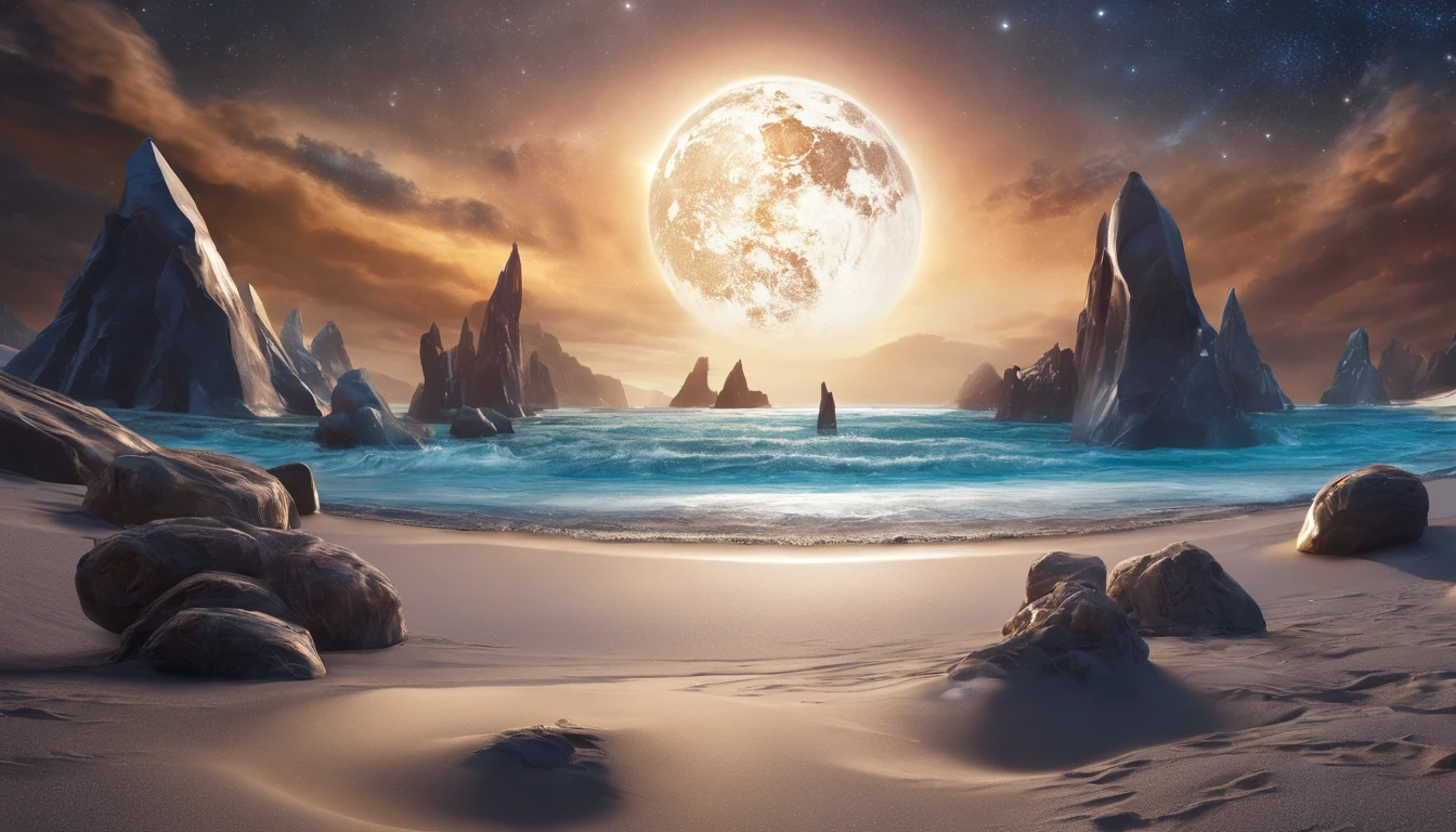huge planet, the night, starrysky, surrealism, masutepiece, hight resolution、Impressive Milky Way:1.9、sand beach、Blue Sea、Blue glacier、lightning bolt:1.9