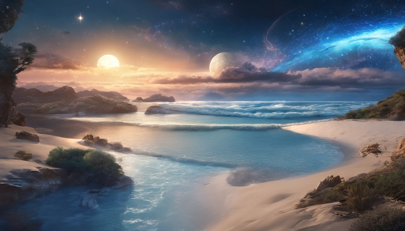 huge planet, the night, starrysky, surrealism, masutepiece, hight resolution、Impressive Milky Way:1.9、sand beach、Blue Sea、Blue glacier、lightning bolt:1.9