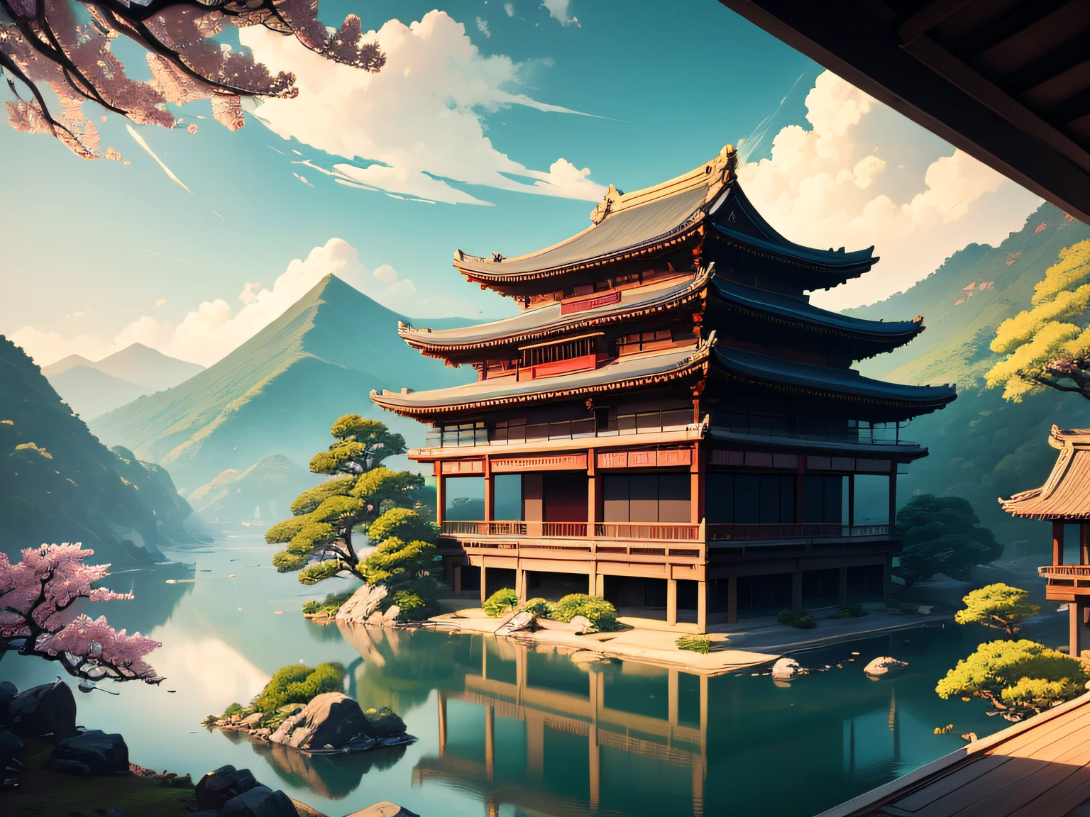 Ukiyo-e, masterpiece, award winning, best quality, anatomically correct, super detail, highres, high quality,Masterpiece, Award-Awarded, Ethnic customs of the highest quality. In the distance, the Tang Dynasty,Ancient village architecture. Magnificent scenery, the complex background, Magnificent scenery, There are a lot of details - AR 16:9 --s 750 --niji 5
