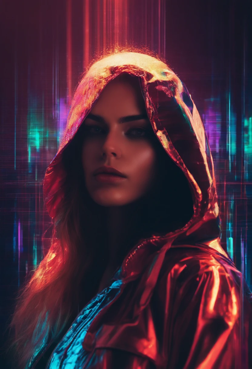 um close up de hacker com capuz com uma luz neon, glitchy, figura encapuzada, glitch art, neon glitch, glitched, alternate album cover, vhs glitch, video glitch, ( ( dithered ) ), ( ( glitch art ), unexpected glitch art, analog glitch art, Glitch Art Aesthetics, blurry and glitchy, barulhento e glitched --auto --s2