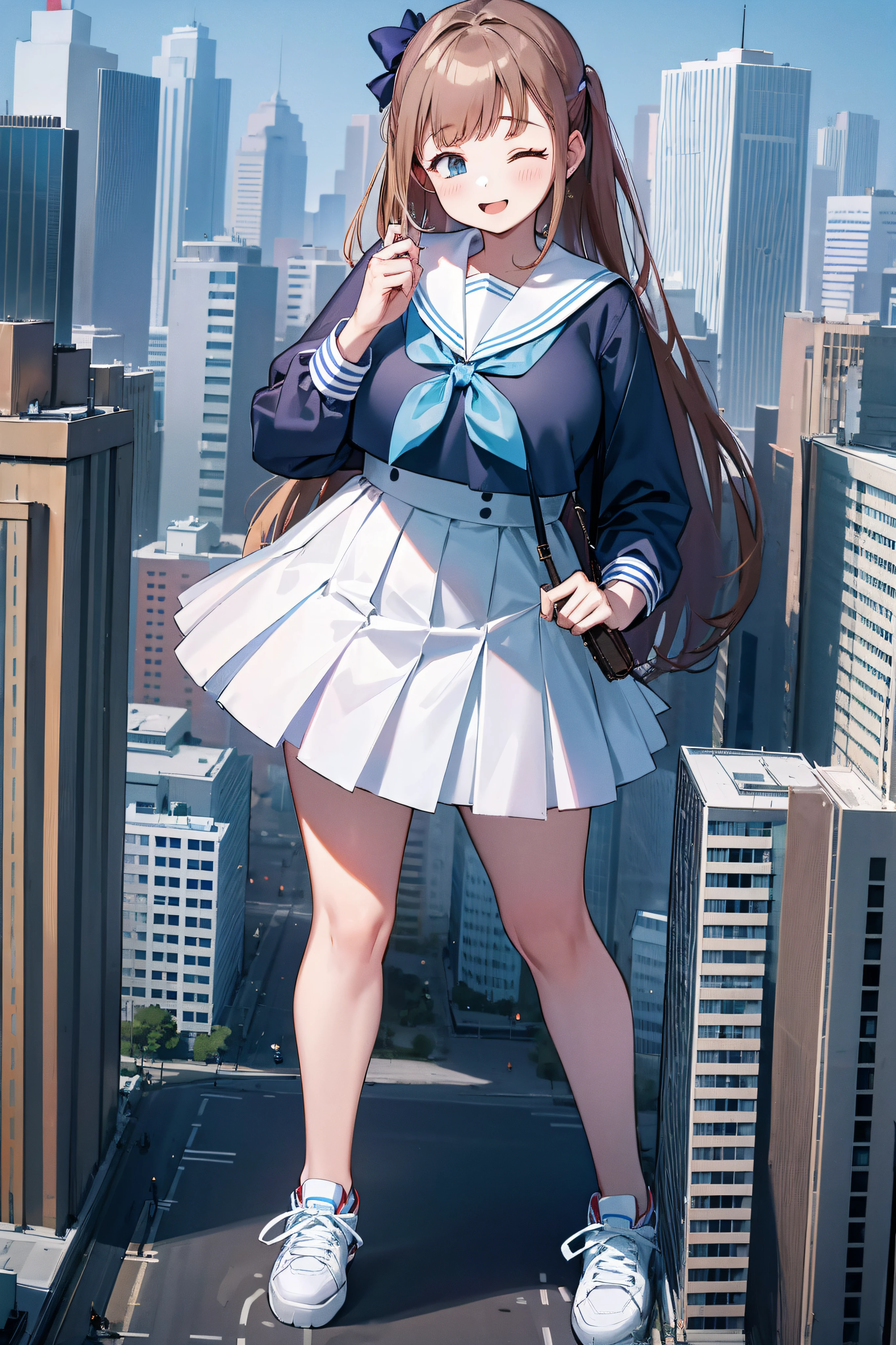 Huge maiden in sneakers,A girl taller than a building,a sailor suit,short skirt