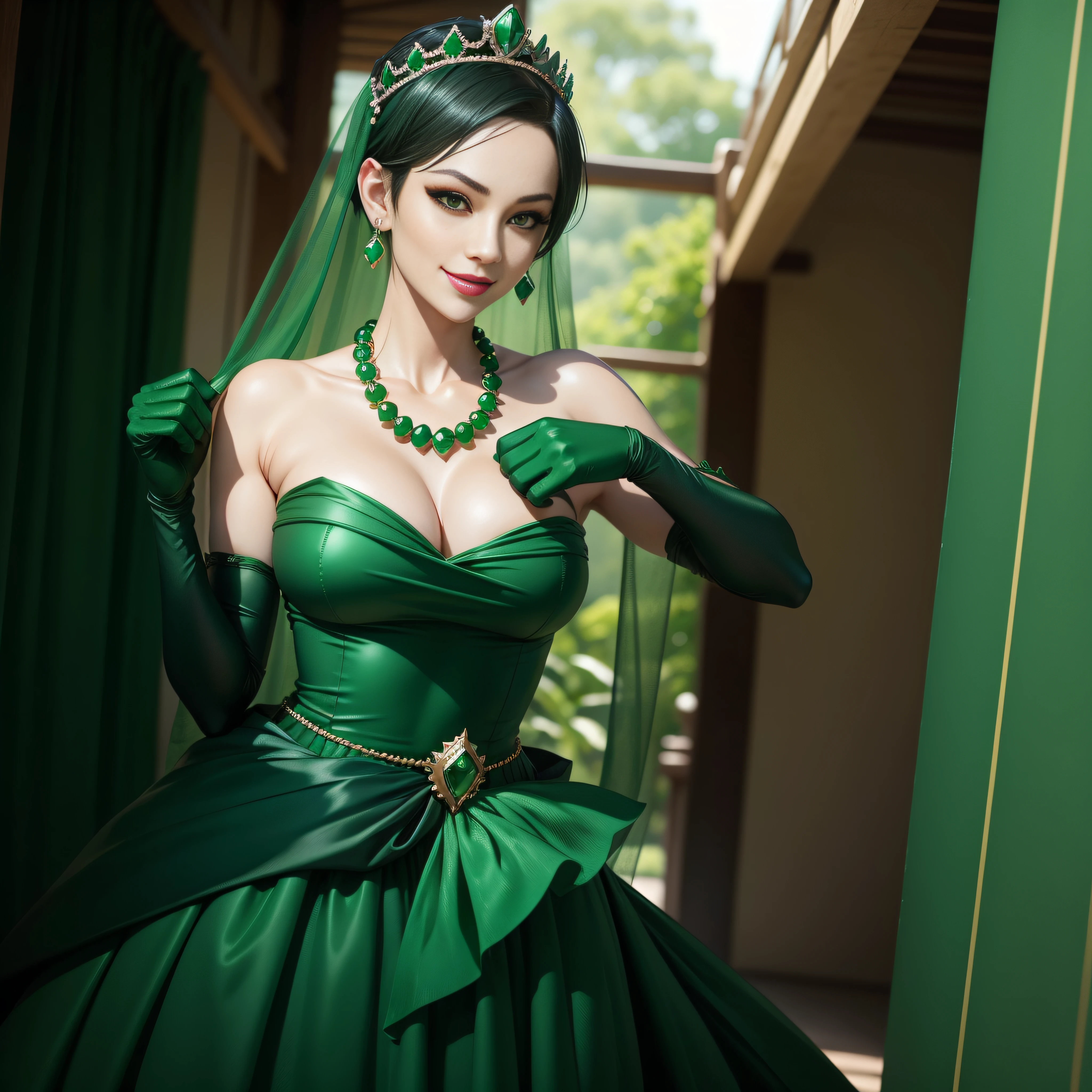 emerald tiara, Green Pearl Necklace, Boyish very short green hair, lipsticks, Japan woman smiling, very short short hair, fist, big breasts beautiful, Green eyes, Long green gloves made of satin material, Green eyes, Emerald Earrings, The tattoo