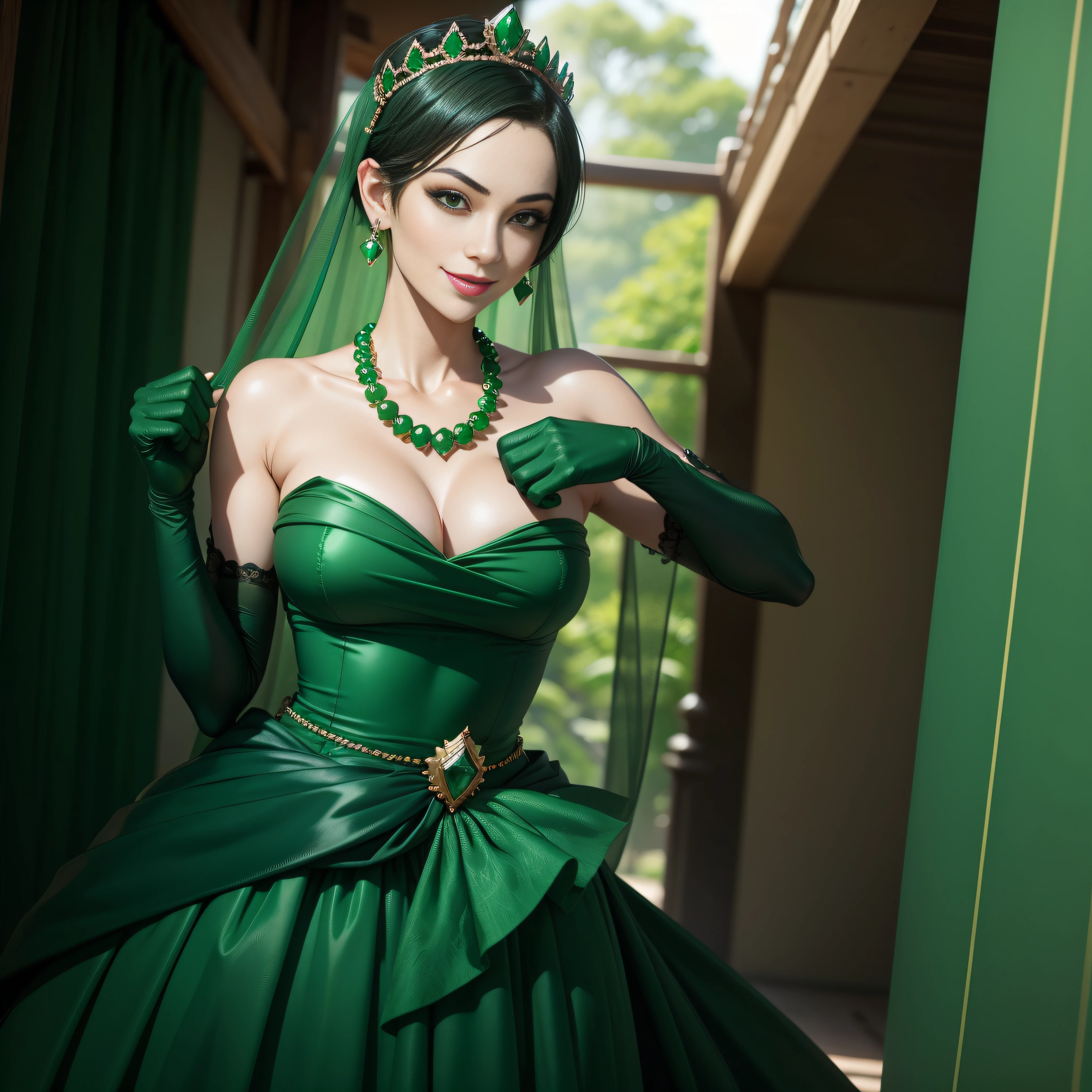 emerald tiara, Green Pearl Necklace, Boyish very short green hair, lipsticks, Japan woman smiling, very short short hair, fist, big breasts beautiful, Green eyes, Long green gloves made of satin material, Green eyes, Emerald Earrings, The tattoo