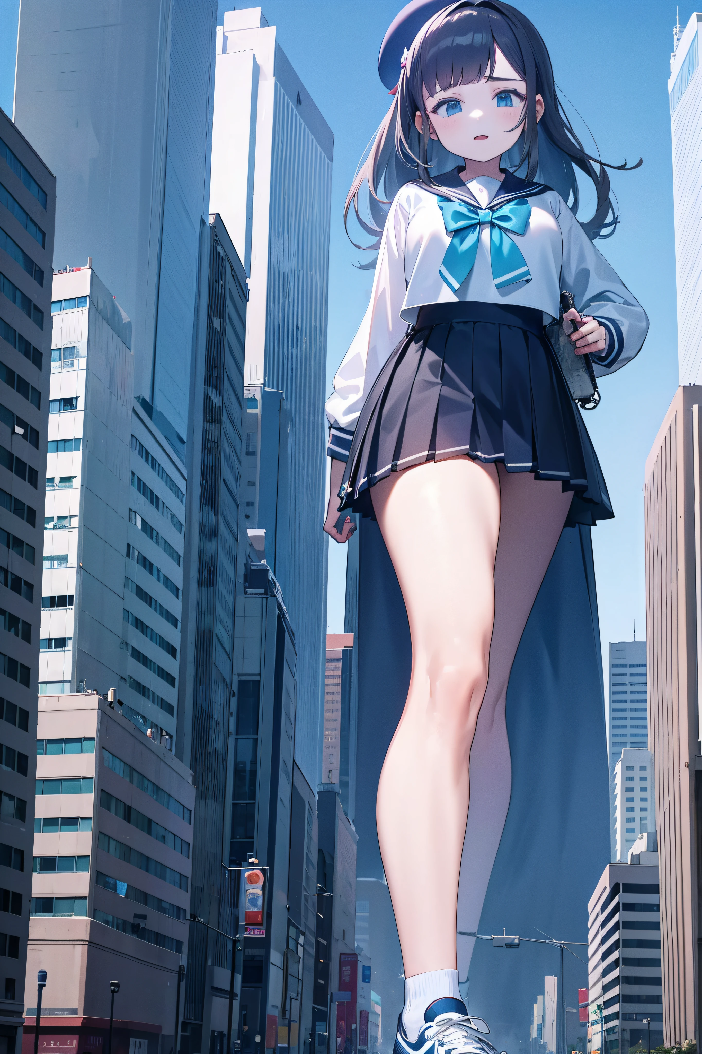 Huge teenage girl in sneakers,A girl taller than a building,a sailor suit,short skirt