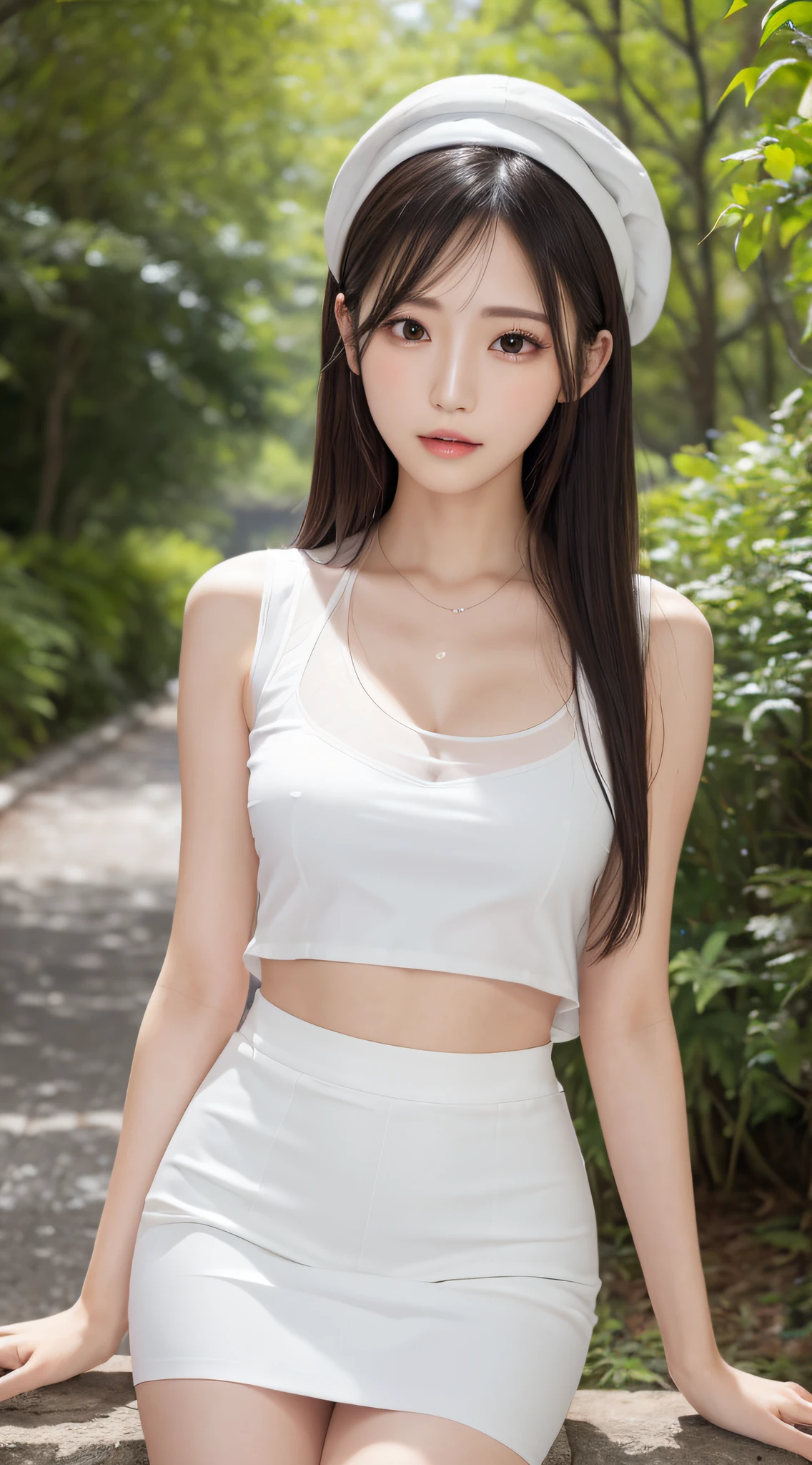 (Best Quality, masutepiece, Ultra HD: 1.3), 1womanl, middlebreasts, Black hair, Blunt bangs, hair behind ear, hair over shoulder, Long hair, slender body shape, Ultra Fine Face, Delicate lips,（Beautiful eyes）, thin blush, Eyes are black, perfect glossy skin, flawless skin, （Glistening sweat）,鎖骨, Quantity Arm Armpit,View here, hide one's hands, See-through white blouse, White see-through tight skirt, Weak low heels. White beret,  bustshot,Broad-leaved forest