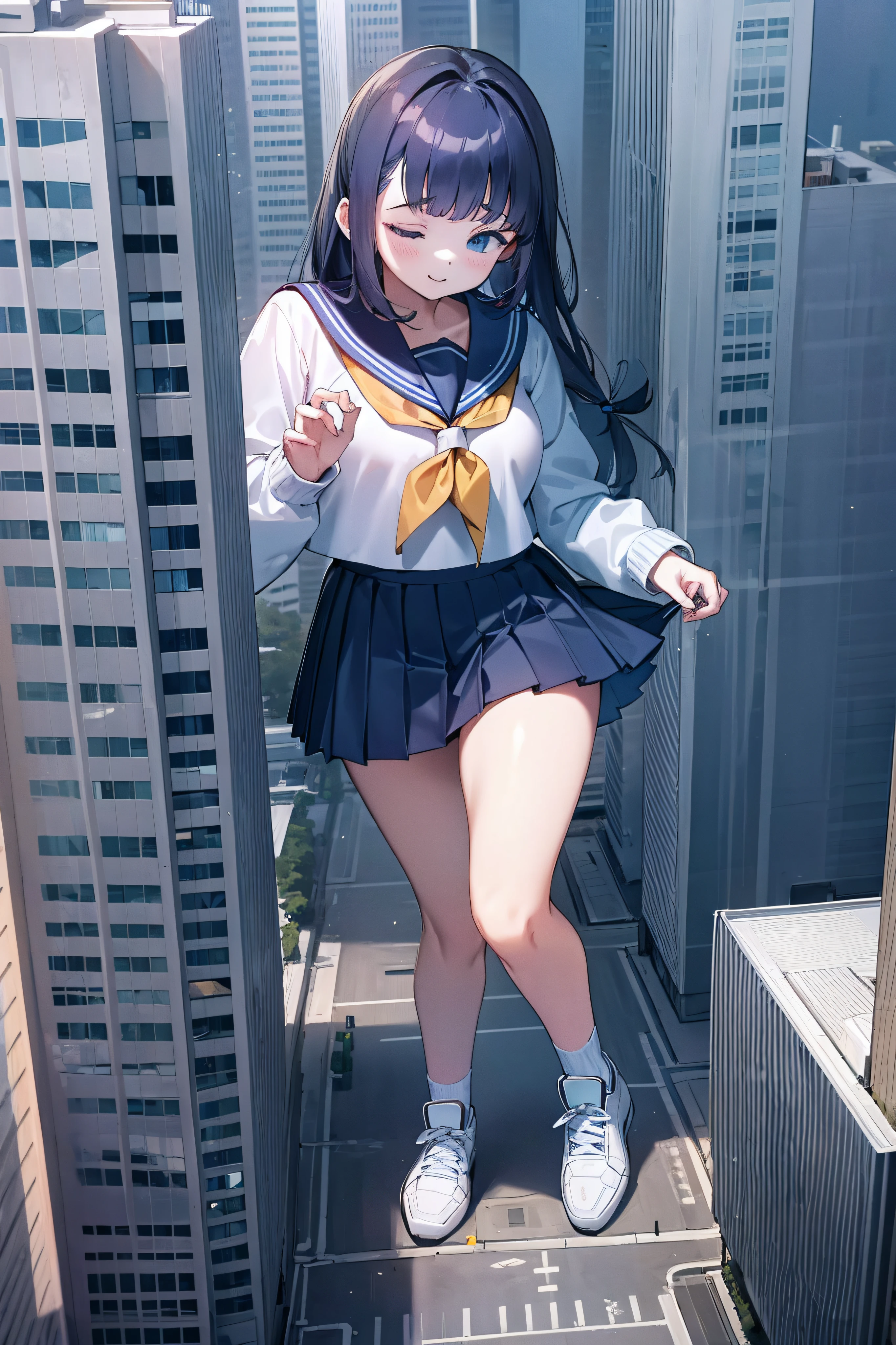 Huge age girl in sneakers,A girl taller than a building,a sailor suit,short skirt