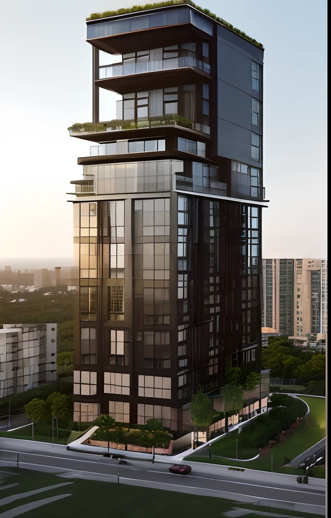 a rendering of a tall building with a balcony and a balcony, concept image, modern lush condo as shopfront, front-view, detail render, from street level, mantra rendering, mid-view, pre-rendered, perspective view, radiosity rendering, rendering of checkmate, frontview, office building, concept drawing, view from ground level, bw 3 d render