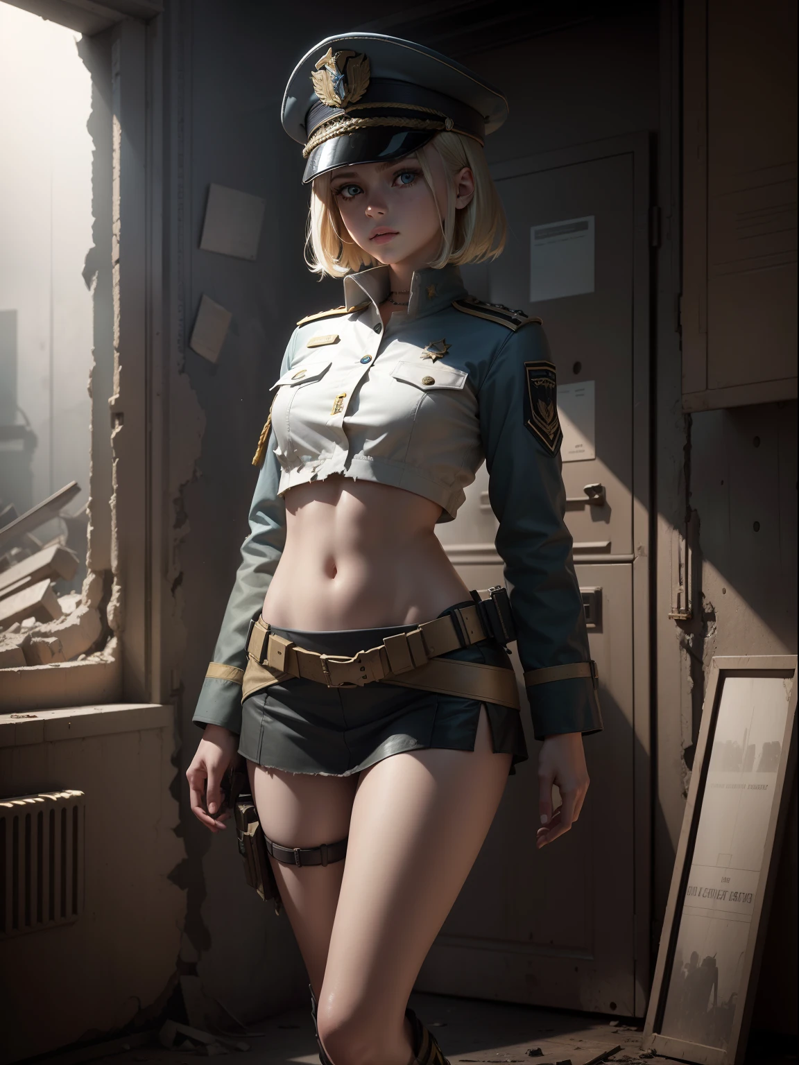 Destroyed towns,3 Ukrainian girls , Ukrainian anime girls , , Ukraine , Full body composition of young girl with messy bright blonde hair, eye make up, 13 year old, Soft lighting, Solo, Old torn dirty shabby futuristic military uniform, badges, Pose, Blotch color, Octane Render, Hyperrealistic intricate detail, Cinematic, 8K resolution, 70mm, Accent Lighting, Global Illumination, Full body portrait, clean detailed faces, a short bob,intricate clothing, Cute face, flat chest, Slim waist, Slim legs, small hips,Caucasian officer's suit,White Officer's Cap,