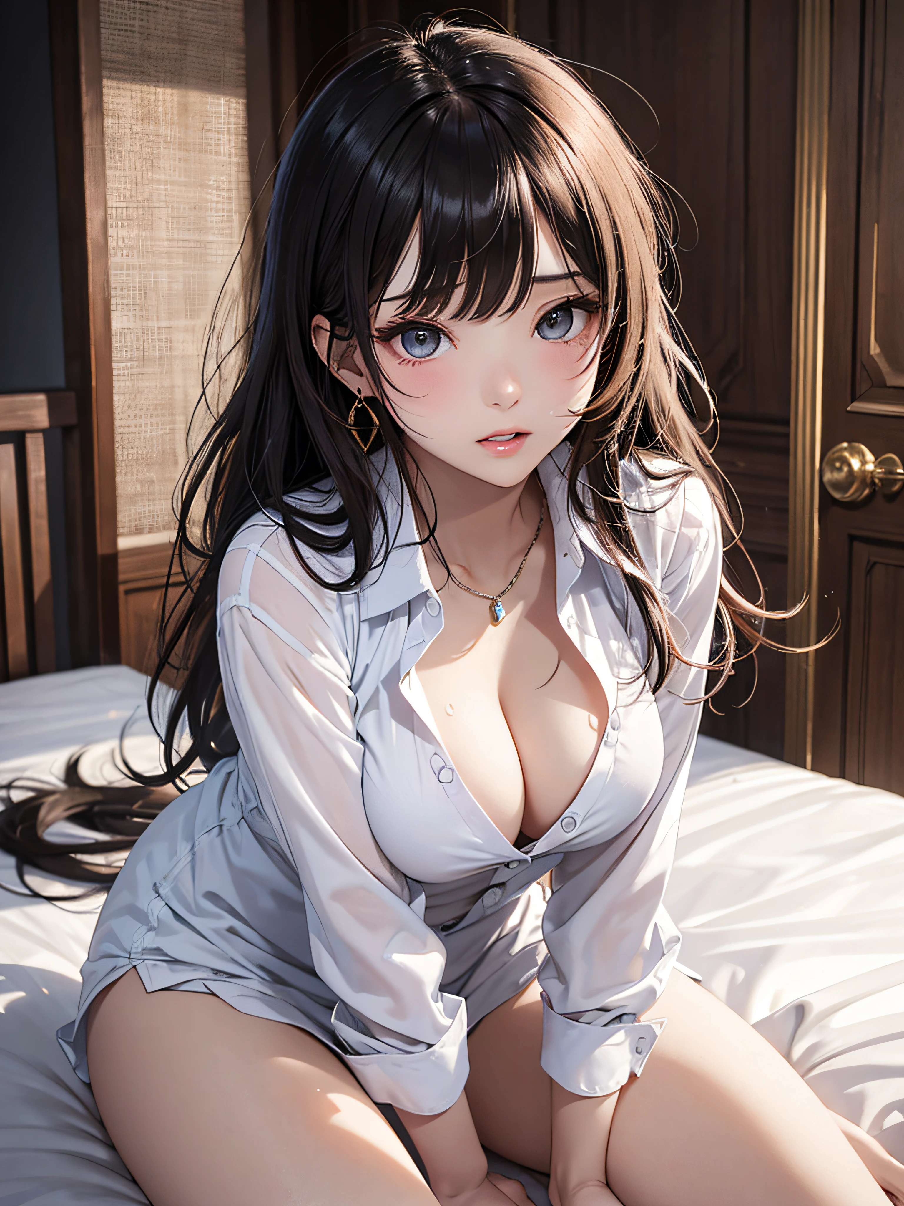 photorealisim、top-quality、超A high resolution、a picture、Photo of an exquisitely beautiful Nordic-born girl、Extraordinary beautiful girl、perfectbody、Biologically accurate、Highlights of cheek luster、Detailed cute and beautiful face、(pureerosface_v1:0.008)、Beautiful bangs、Glowing white shiny skin、Bangs between the eyes、shiny and beautiful hair、Silky hair、finer hair、High-definition eyes、Beautiful, Bright and clear, Big eyes shine charmingly、eye liner、Double eyelids、Full body like、dismay、red blush、embarrassed from、glares、 shiny little necklace and earrings, shiny lips: 1.4,  humiliated、impatience、dismay、（Frightened:1.8）、glares、Soft breasts、cleavage of the breast、hiding chest with hands、hide crotch with hands、lift up one's skirt、red blush、embarrassed from、I see underwear、Open knees、open one's legs、Masturbation behavior、Disheveled clothes、Dressing、White blouses、Stockings、Wearing sweat、Neat and clean woman,18year old, 1 persons、（hi-school girl:1.8）、Smaller chest、Masturbation behavior、sexual excitement、Sperm taken、Wavy Hair, bangs flowing diagonally, Medium Hair,a blond、 Blue-gray eyes, Big breasts、 In the hotel in the middle of the night, on the bed、all-fours、from the rear、stick out buttocks、Turn your butt towards us、Exposed panties、