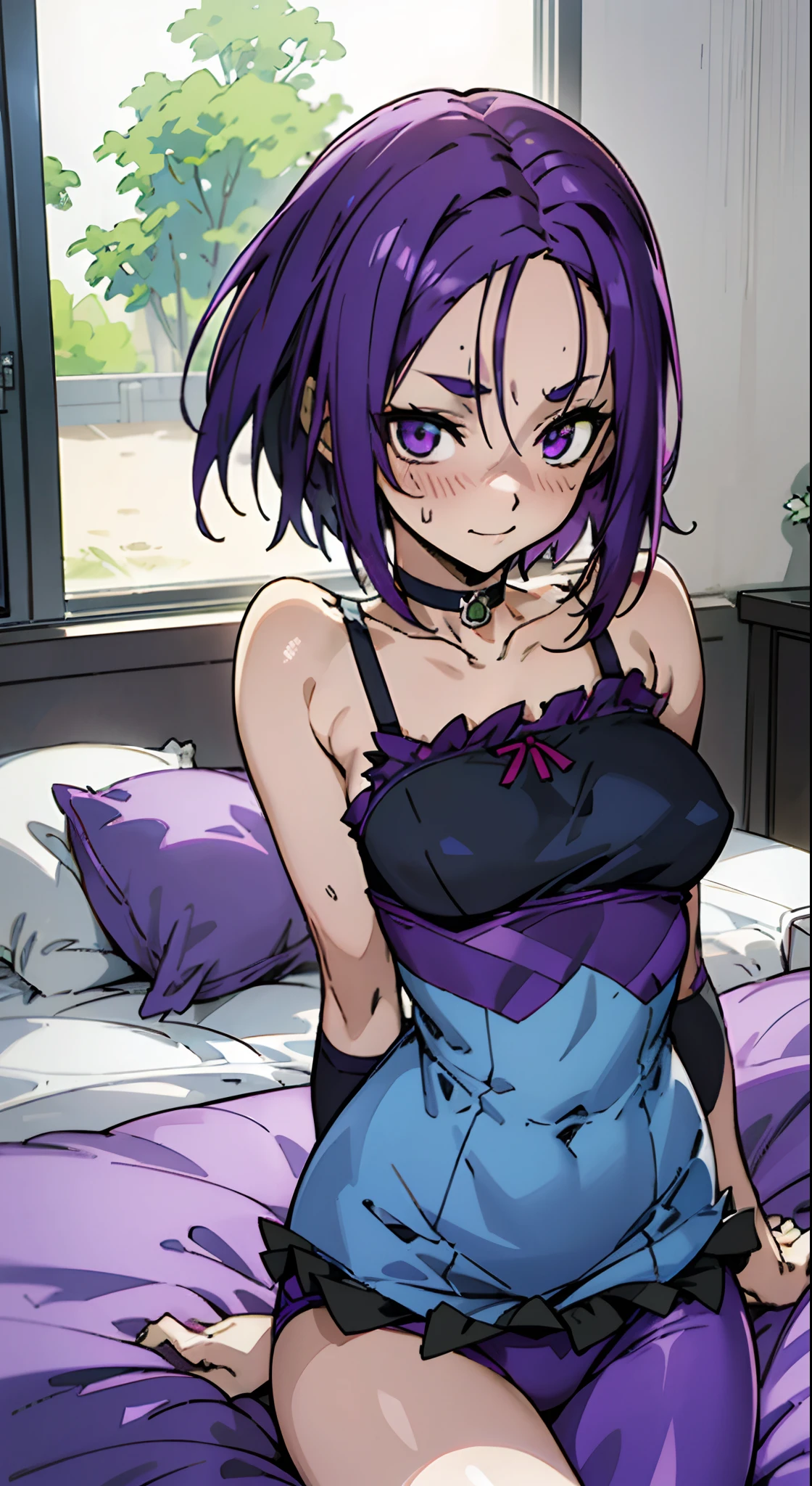 masutepiece, Best Quality, Ultra-detailed, Colorful,Up-close, Hyper-detailing,purple color hair, shoulder length hair, Reo Mikage, Blue Lock, no sleeves, Camisole and cheongsam, Blue Camisole, chinese clothes, Pannier underdress, Frill panniers, Chest exposure, Underwear, Ruffled underwear, Metamorphosis is exposed, Choker, Black Choker, arm warmer, Sexy breasts, Scar, Big breasts, red blush, 1girl in, Solo, Sharp face, Heterochromia, Green eyes, Purple eyes, Bare neck, Happy face, Bedroom, bed, Bare legged, leggins, Black Leggings, PILLOWS, Blue pillow