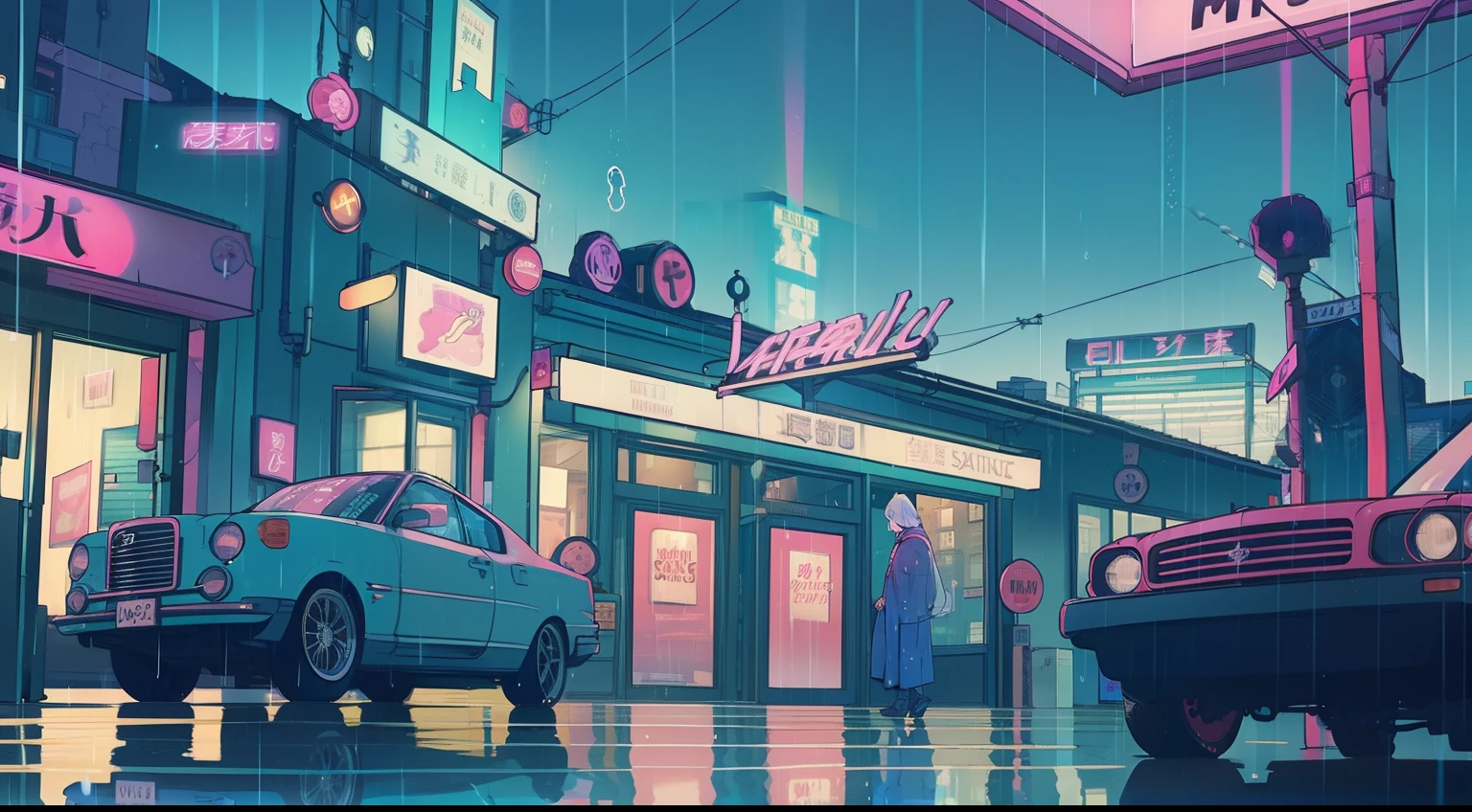 Rain-soaked street, Colorful umbrellas dot the cityscape with blue and pink splashes. Neon sign in retro style、Reflection of wet pavement, Establishment of the Lower Urban Symphony. Soft piano melodies set the mood, Evokes a calm and meditative atmosphere. a person々Flock to a cozy café, While the rain is dancing outside、Drink hot drinks, Turn the city into a serene lofi,motor bikes,A city scape,nighttime scene