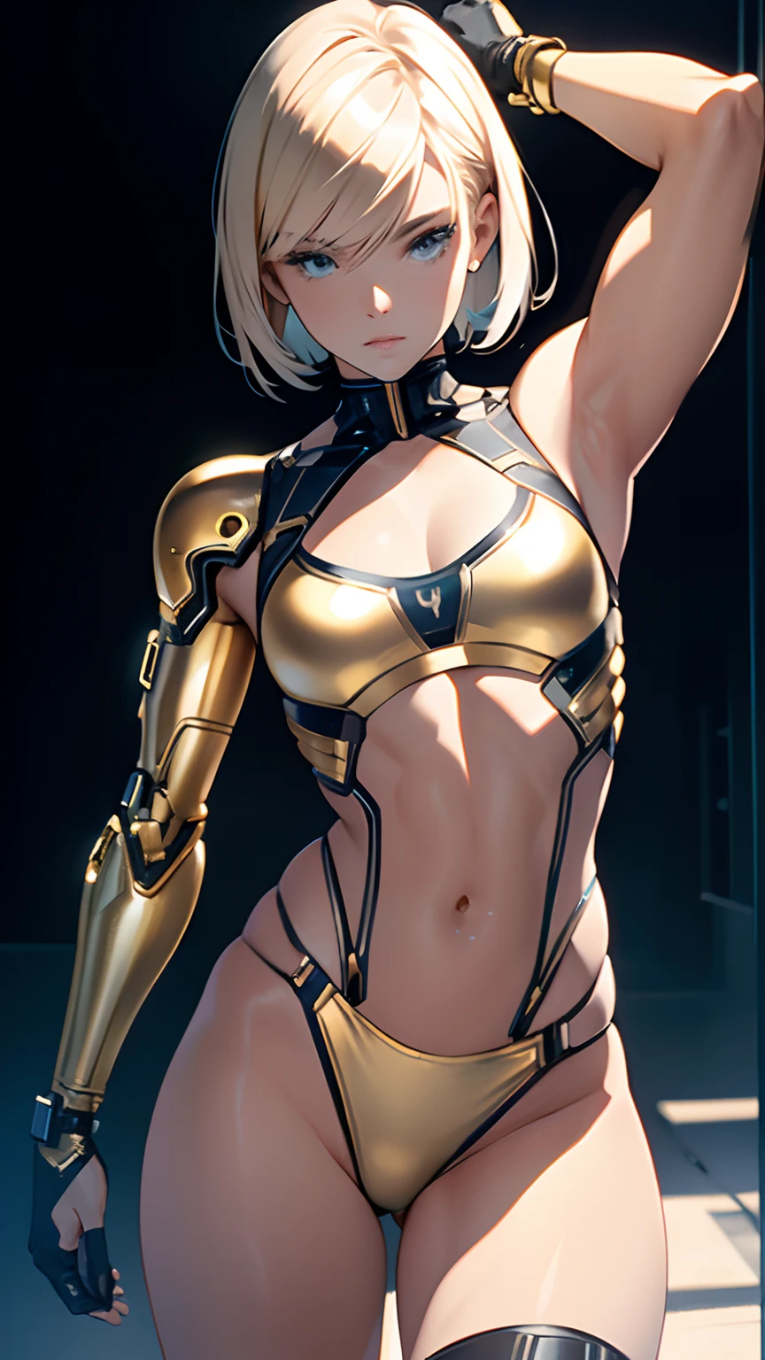 Beautiful cybernetic blonde girl looking at camera with realistic masterpiece of detailed muscles in underwear, Active Pose, actionpose, Loose Ruth |, Gold Parts, fringe, short-haired, back-view, shores