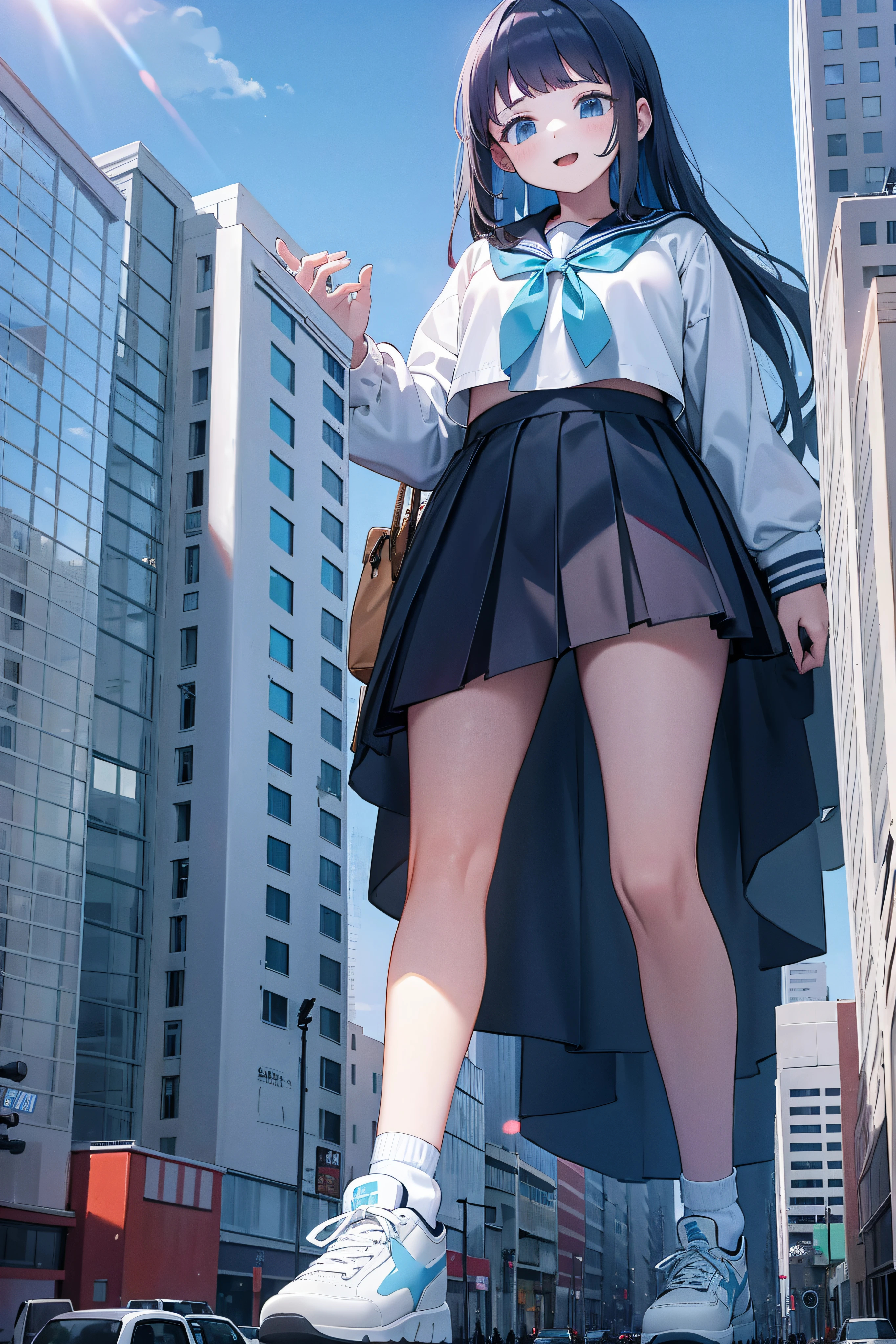 Huge teenage girl in sneakers，A girl taller than a building，a sailor suit，short  skirt