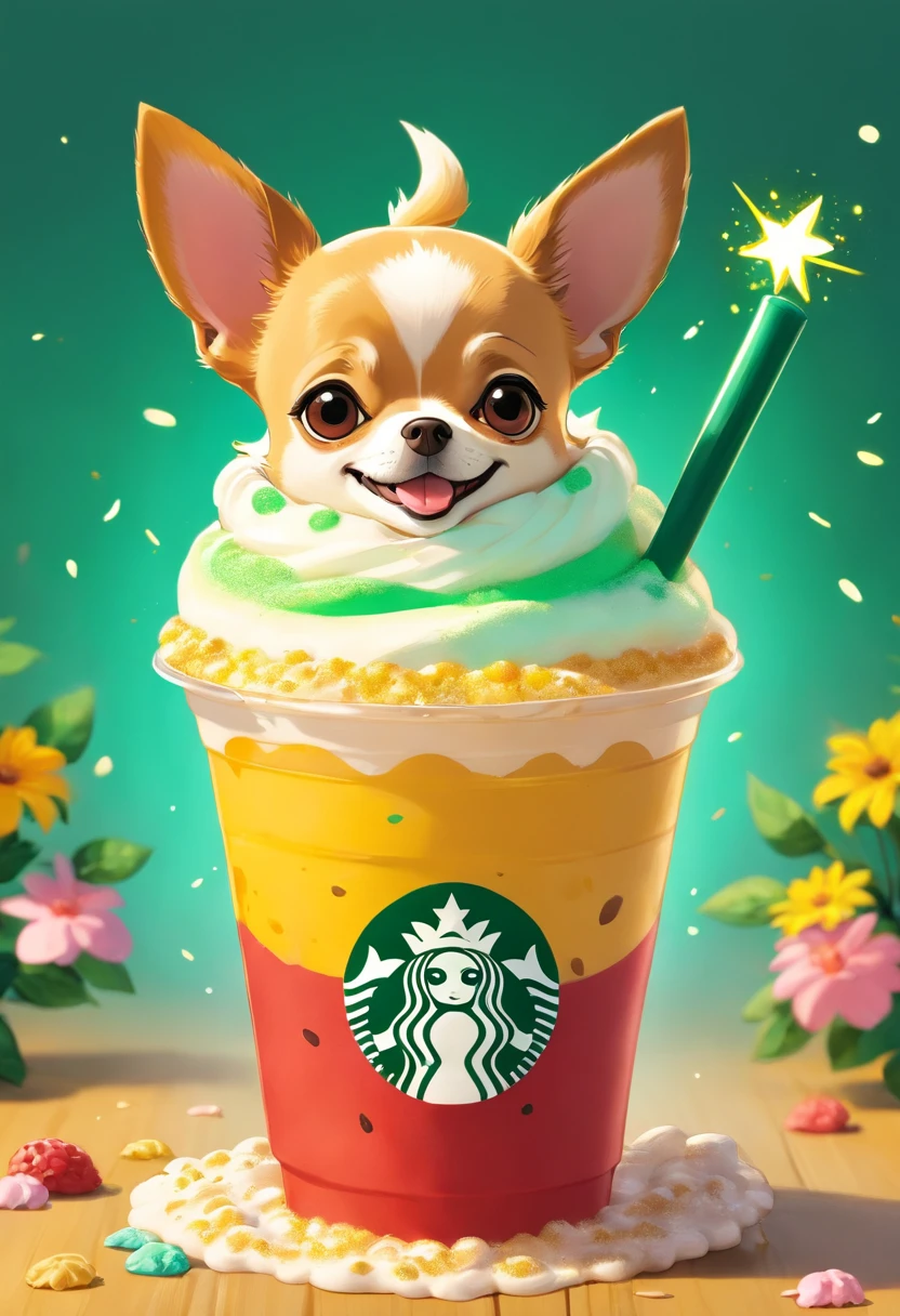 Unique, Cartoonish playful Chihuahua-shaped cup, Colorful Starbucks-style frappuccino, Chihuahua Starbucks style logo.