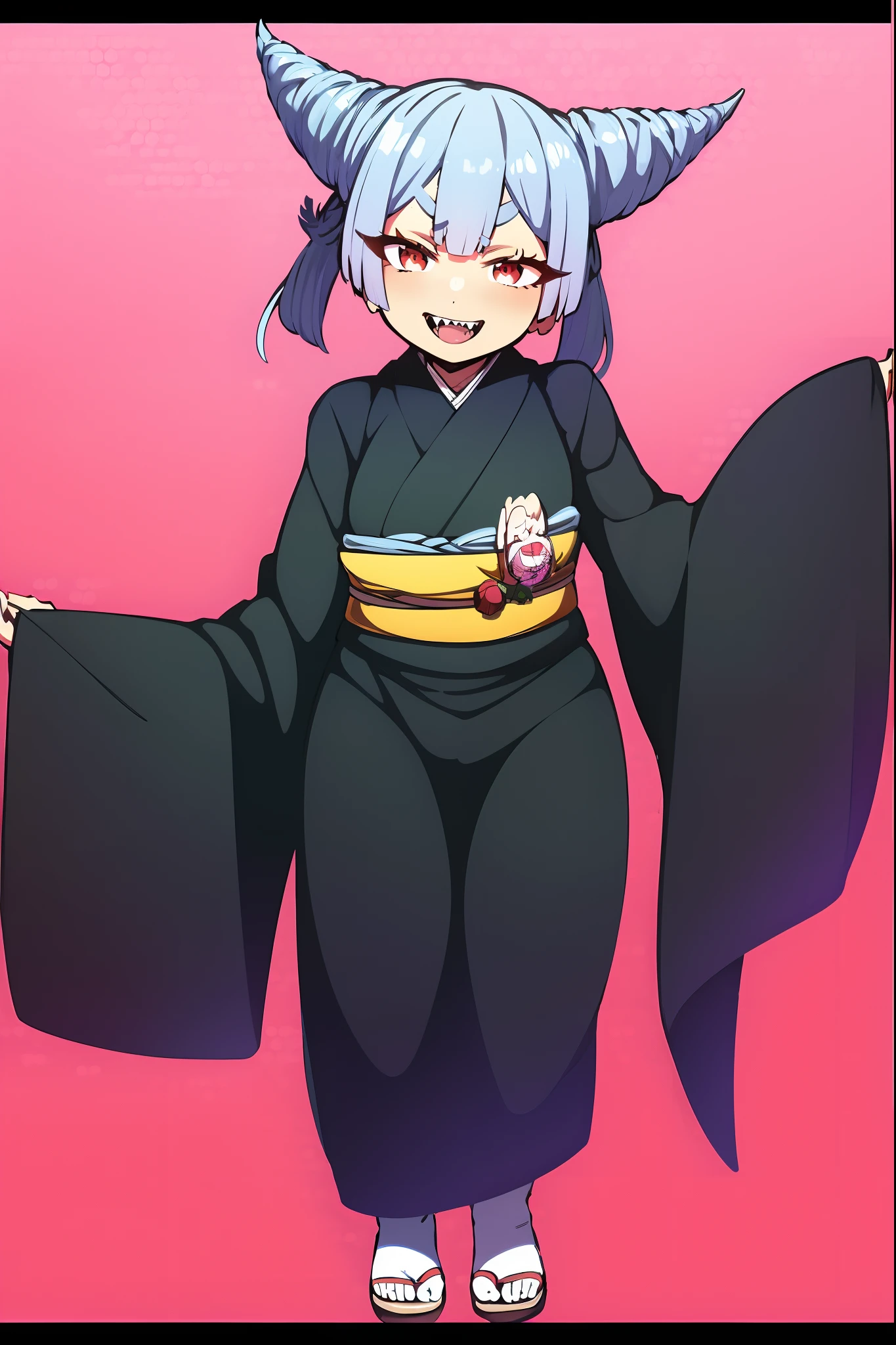 Urara ayashimon, silver hair, horns hair, red eyes, loli, black kimono, sharpteeth, smug, smile, full body, flipflops, medium breast, open mouth