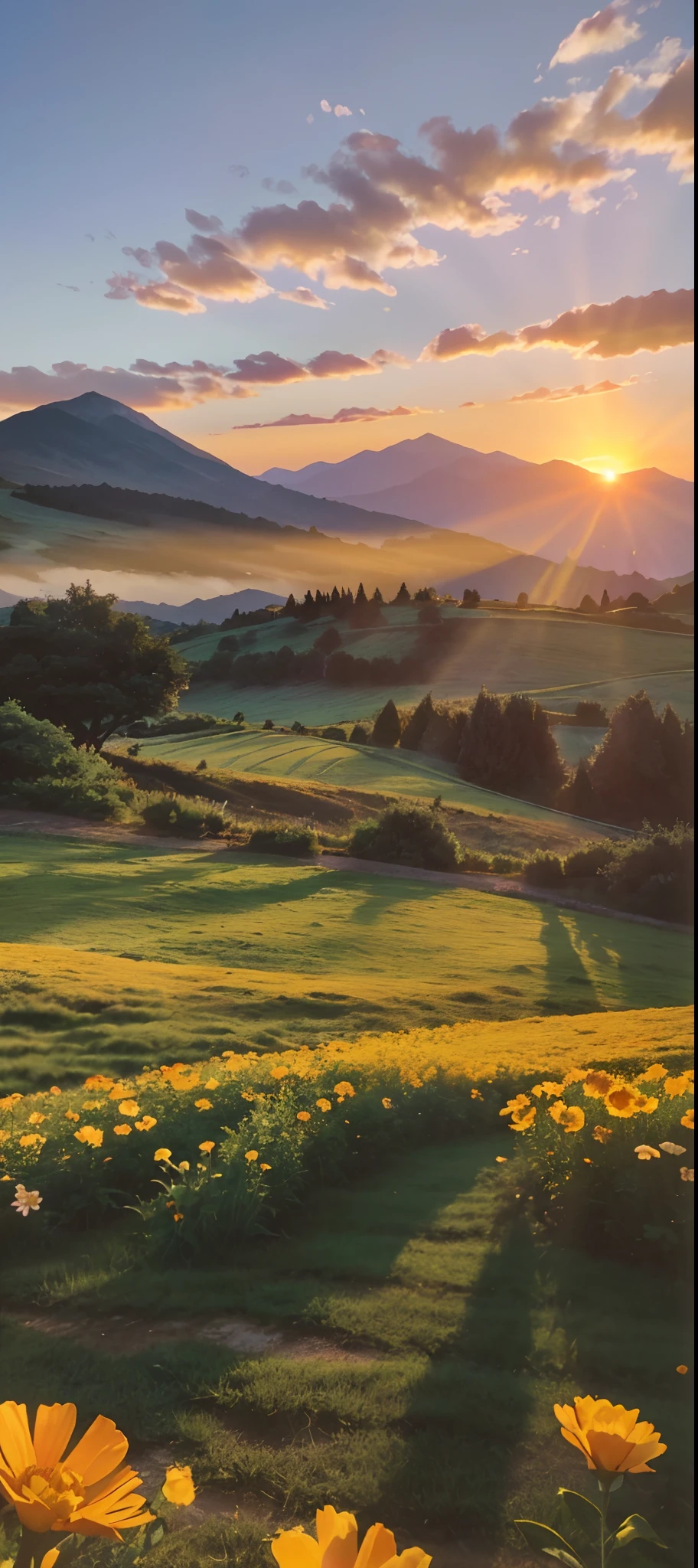 Sunset over a field of flowers,The background is a mountain, floral sunset, sunset in a valley, heavenly landscape, lindo cenario, Beautiful environment, beautifully lit landscape, blissful landscape, the most beautiful landscape, 8K HDR sunset lighting, epic beautiful landscape, Landscapes: the joy of life, beautiful aesthetic, glorious light, High quality wallpaper, Beautiful landscape, Beautiful scene