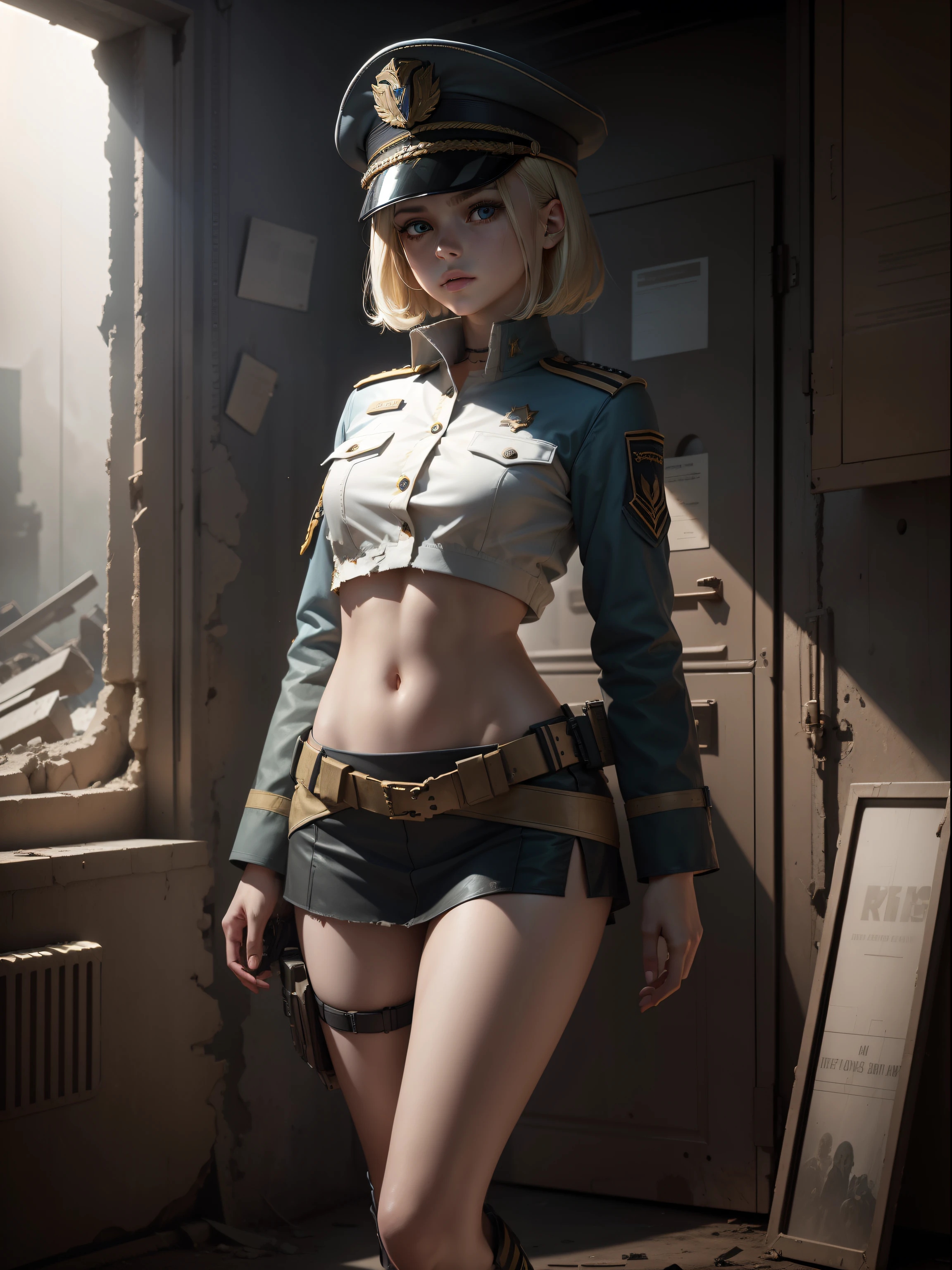 Destroyed towns,3 Ukrainian girls , Ukrainian anime girls , , Ukraine , Full body composition of young girl with messy bright blonde hair, eye make up, , Soft lighting, Solo, Old torn dirty shabby futuristic military uniform, badges, Pose, Blotch color, Octane Render, Hyperrealistic intricate detail, Cinematic, 8K resolution, 70mm, Accent Lighting, Global Illumination, Full body portrait, clean detailed faces, a short bob,intricate clothing, Cute face, flat chest, Slim waist, Slim legs, small hips,Caucasian officer's suit,White Officer's Cap,