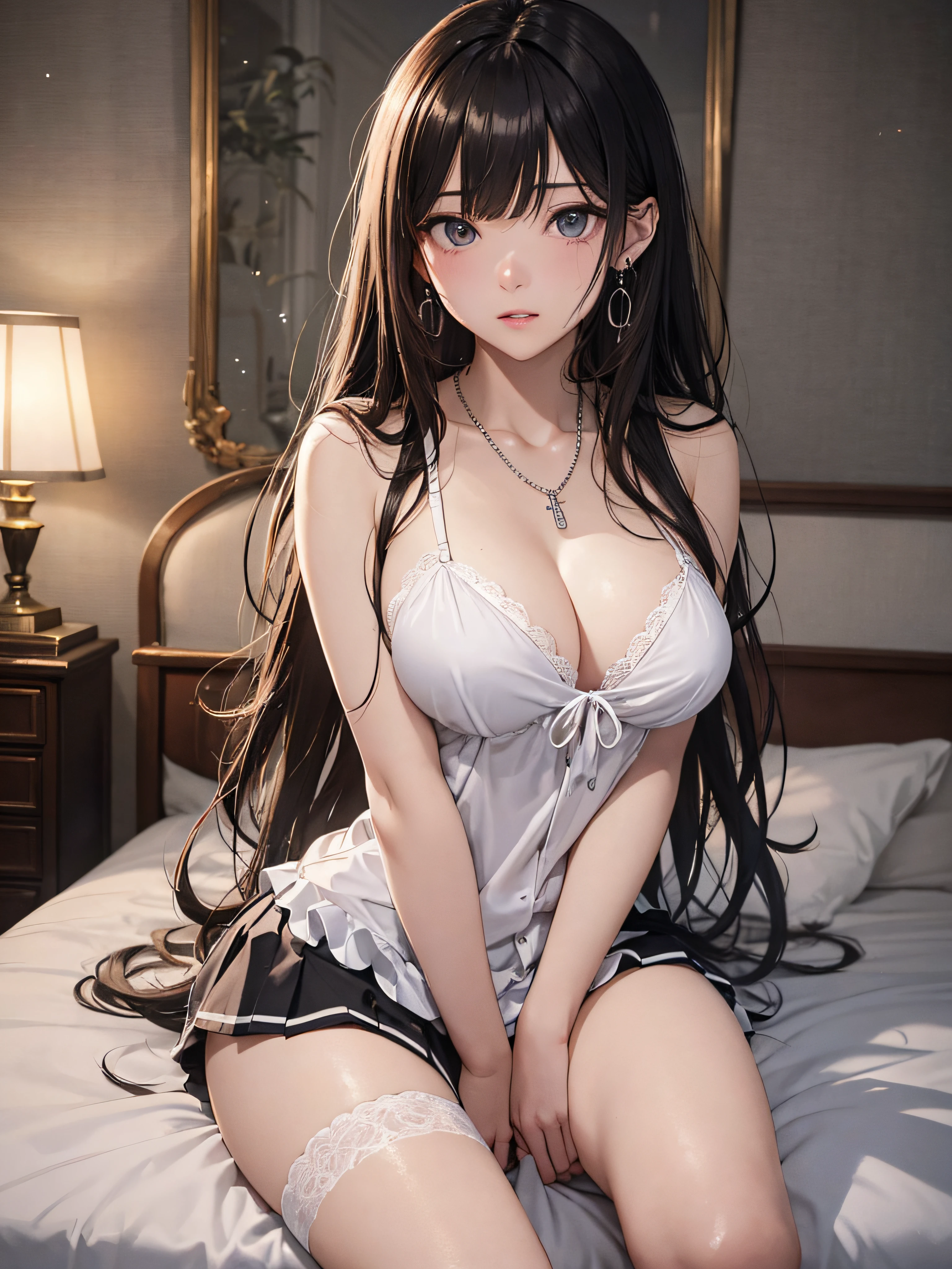 photorealisim、top-quality、超A high resolution、a picture、Exquisitely beautiful photos of Scandinavian-born women、Extraordinary beauty、perfectbody、Biologically accurate、Highlights of cheek luster、Detailed cute and beautiful face、(pureerosface_v1:0.008)、Beautiful bangs、Glowing white shiny skin、Bangs between the eyes、shiny and beautiful hair、Silky hair、finer hair、High-definition eyes、Beautiful, Bright and clear, Big eyes shine charmingly、eye liner、Double eyelids、Full body like、dismay、red blush、embarrassed from、glares、 shiny little necklace and earrings, shiny lips: 1.4, humiliated、impatience、dismay、(Frightened:1.8)、glares、Soft breasts、cleavage of the breast、hiding chest with hands、hide crotch with hands、lift up one's skirt、red blush、embarrassed from、I see underwear、Open knees、open one's legs、Masturbation behavior、Disheveled clothes、Dressing、White blouses、Stockings、Wearing sweat、Neat and clean woman,25 years old, 1 persons、(maid clothes:1.8)、large full breasts、sexual excitement、Masturbation behavior、a large amount of white mucus all over the body,,、Wavy Hair, bangs flowing diagonally, a blond、silber hair、Brown hair、Medium Hair, Blue-gray eyes、 In the hotel in the middle of the night, Sit on the bed、