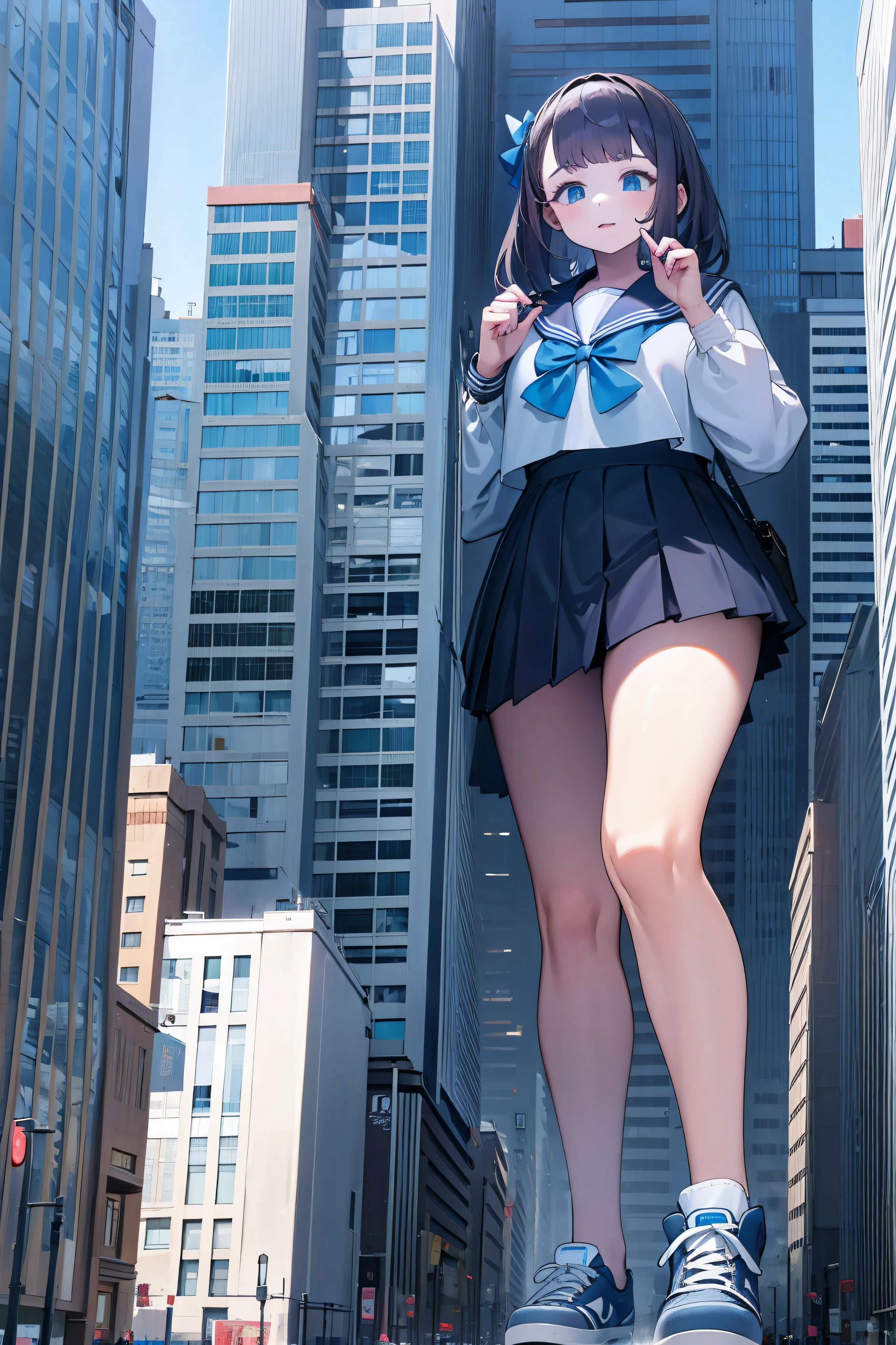 Huge teenage girl in sneakers，A girl taller than a building，a sailor suit，short  skirt