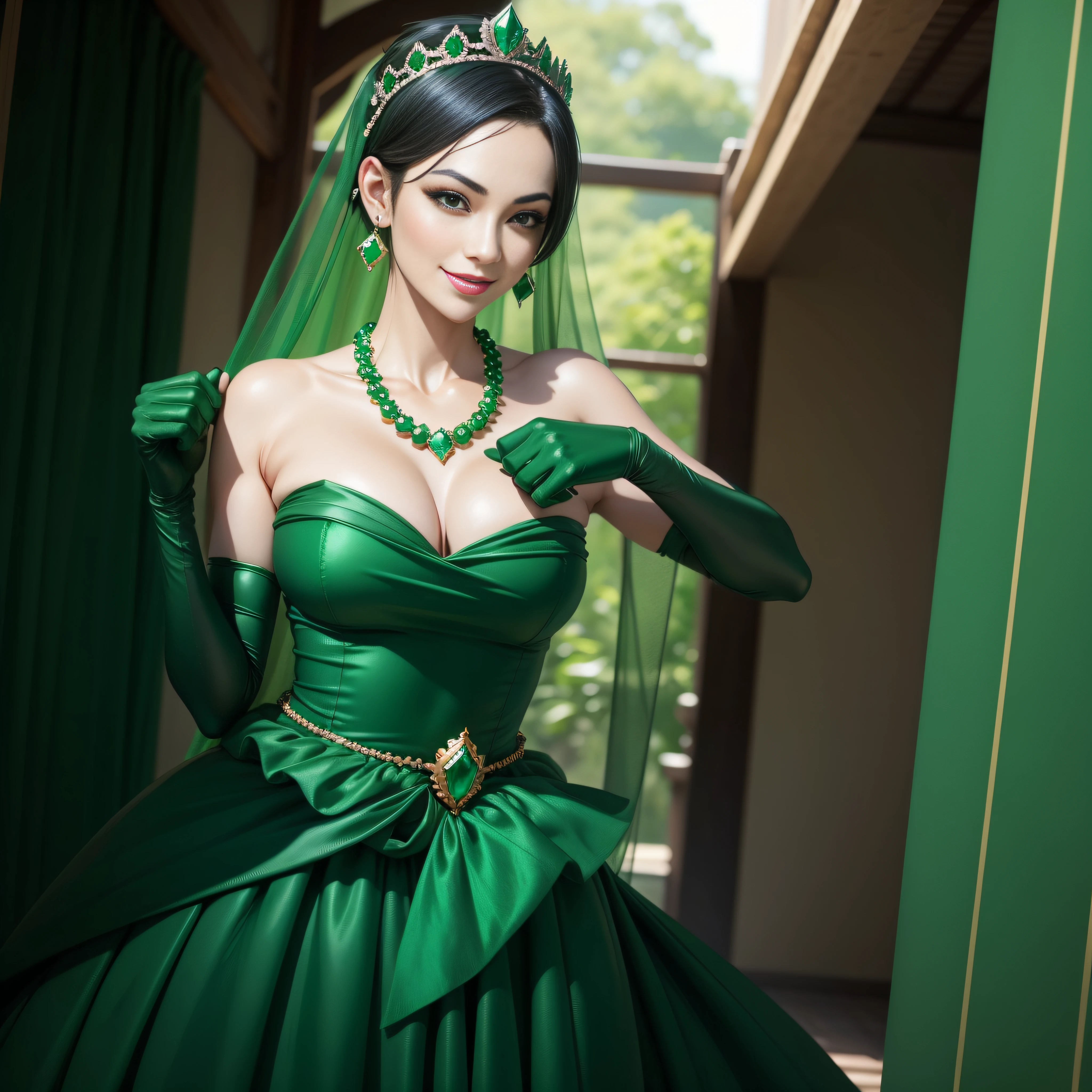 emerald tiara, Green Pearl Necklace, Boyish very short green hair, lipsticks, Japan woman smiling, very short short hair, fist, big breasts beautiful, Green eyes, Long green gloves made of satin material, Green eyes, Emerald Earrings, The tattoo