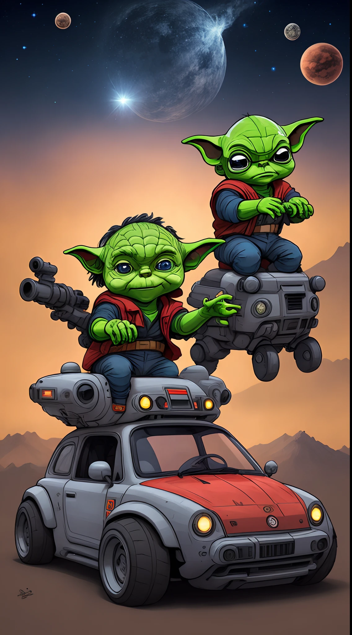 Yoda and Jerry are fighting with red lightsabers in colorful space, with the Milky Way galaxy behind them. --auto
