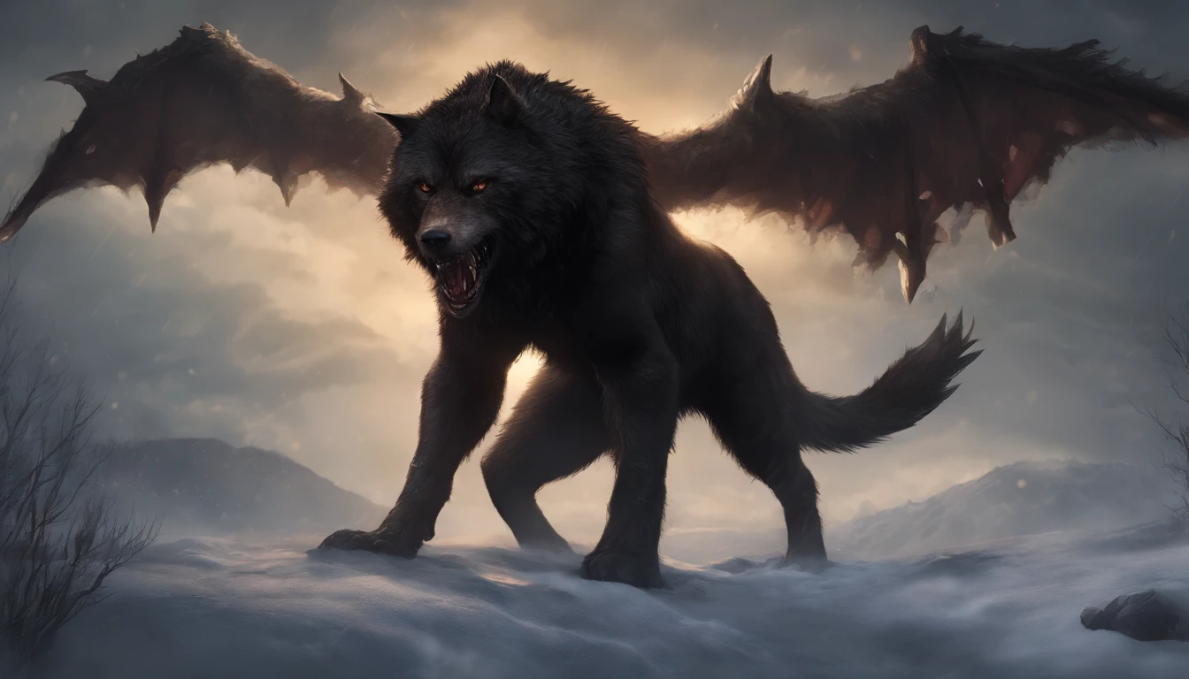 (Best quality,4K,8K,A high resolution,Masterpiece:1.2),Ultra-detailed,Realistic,Photorealistic:1.37,Belts made of chains are tied to fearsome dire wolves,Menacing red-eyed light,Layered fur texture,Bloody saliva dripped from the sharp fangs,Leather and weathered iron chains,A giant claw with powerful claws,Dark and creepy forest background,Creepy roar,A resolute and fearless stance,foggy atmosphere,The moonlight casts a menacing shadow,Battle scars on a werewolf,The Northern Lights sparkle in the sky,heavy breath,Steam comes out of the nostrils,Ominous dark clouds gather in the background,An ominous soundtrack plays in the distance,Subtle highlights and shadows to enhance depth,Contrasting warm and cool tones,Dynamic lighting and shadows,Ominous foreboding and suspenseful emotions.