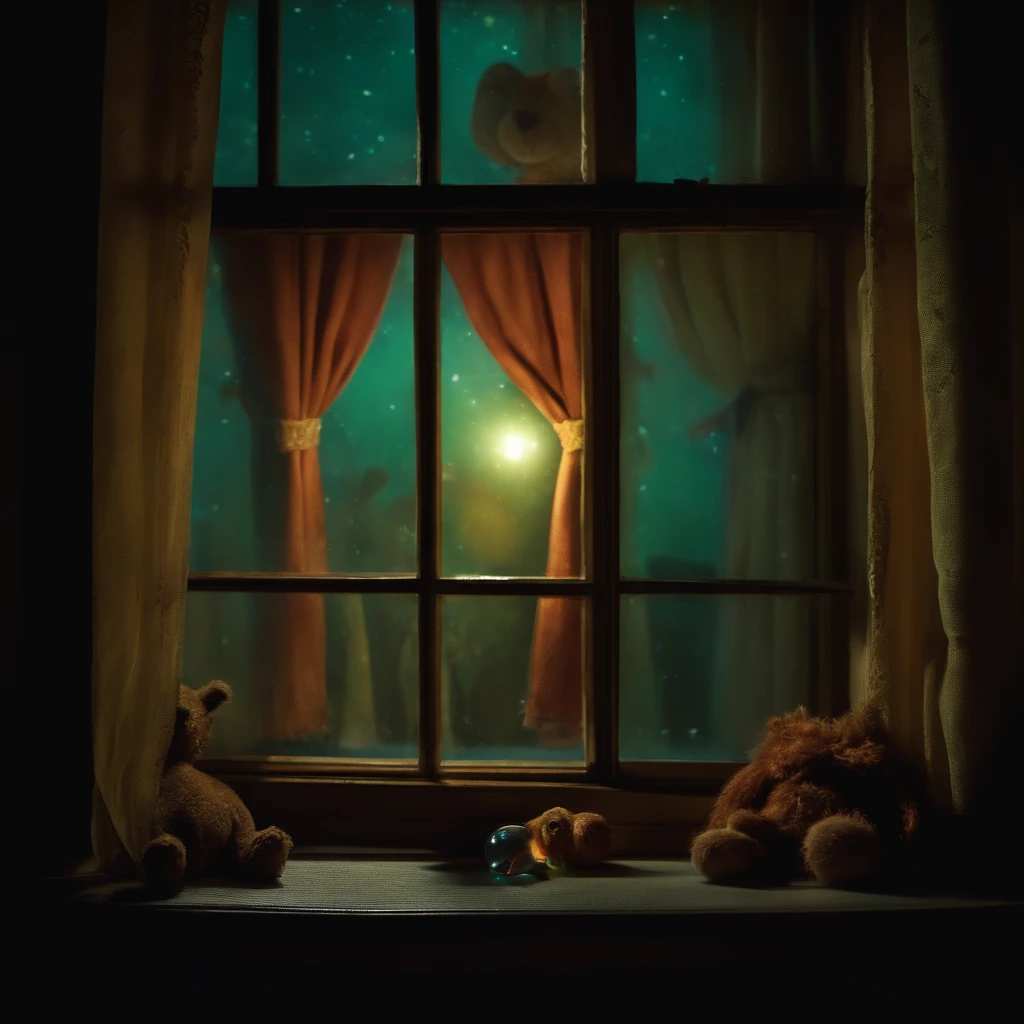 a dark room, night, light from outside the house reflects a sound through the window curtain, scene from a children's film, style from the film "monster in the window", uhd