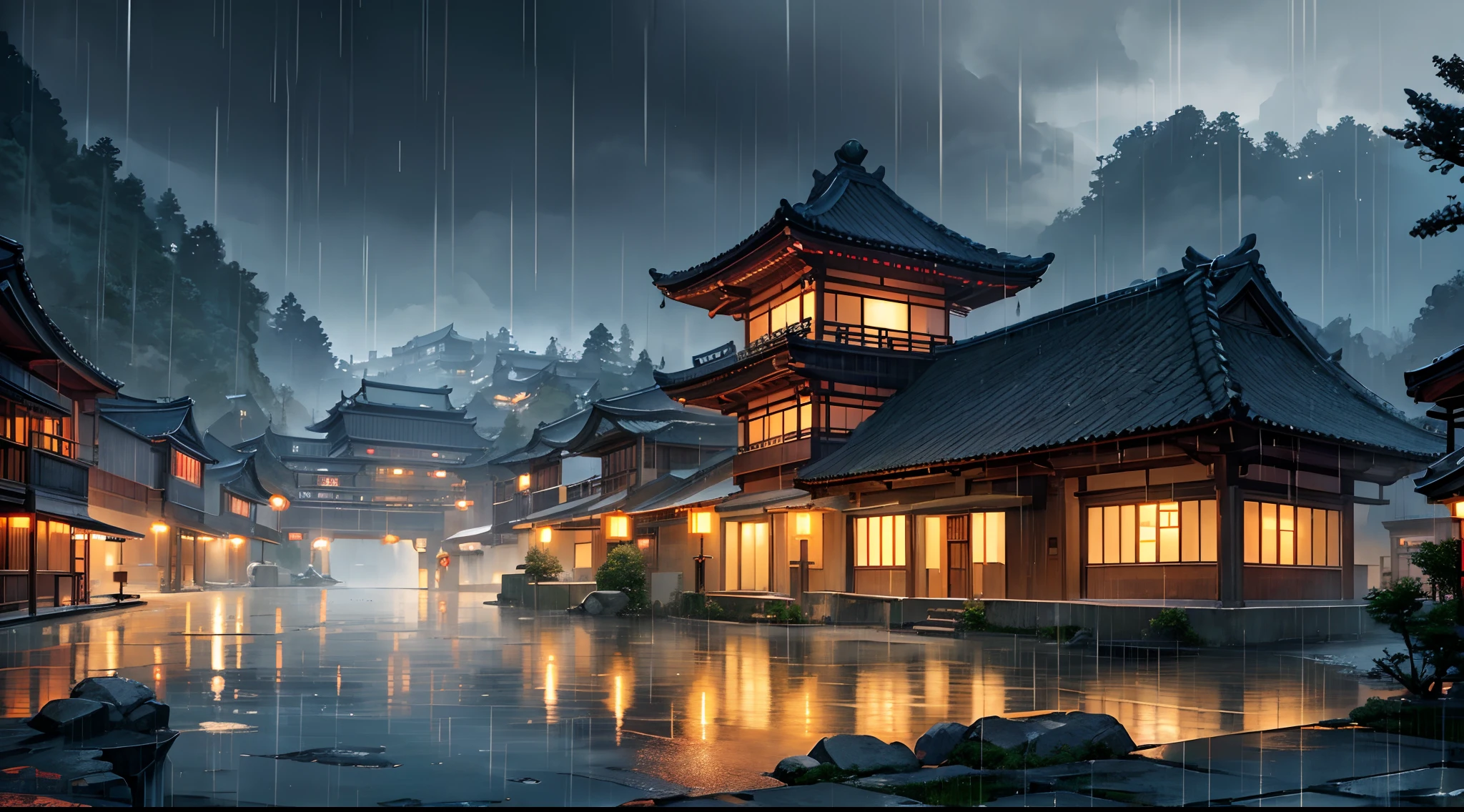 arafed view of a village with a lot of lights on the buildings, dreamy chinese town, chinese village, amazing wallpaper, japanese town, japanese village, hyper realistic photo of a town, old asian village, japanese city, by Raymond Han, rainy evening, cyberpunk chinese ancient castle, beautifully lit buildings, at evening during rain, beautiful and aesthetic, photography, cinematic, 8k, high detailed ((Heavy rain)))