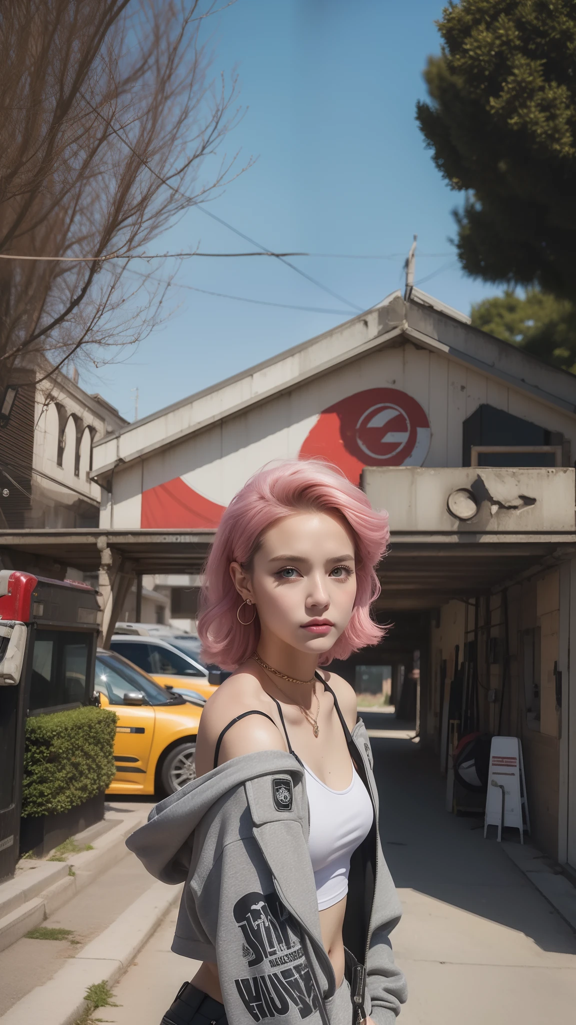hyper realistic, Masterpiece, Best Quality, ((Lauren Gray, The face of Olivia Dunn)) 1girl, solo, crop-top, Behind Your Back, Against a wall, looking a viewer, A bracelet, cyber punk perssonage,femele,solo person,ssmile,long whitr hair,Pink hair,curlies,ear studs,bangle,tee shirt,hoody,Firefighter jacket,Armored boot, 8K resolution, intricate clothes, intricate details,