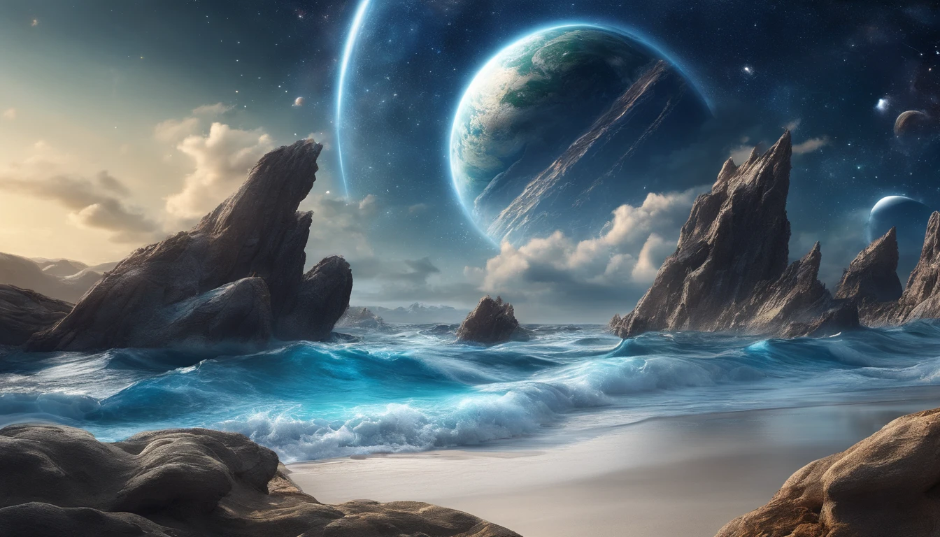 huge planet, the night, starrysky, surrealism, masutepiece, hight resolution、Impressive Milky Way:1.9、sand beach、Vast blue ocean、Blue glacier、lightning bolt:1.9