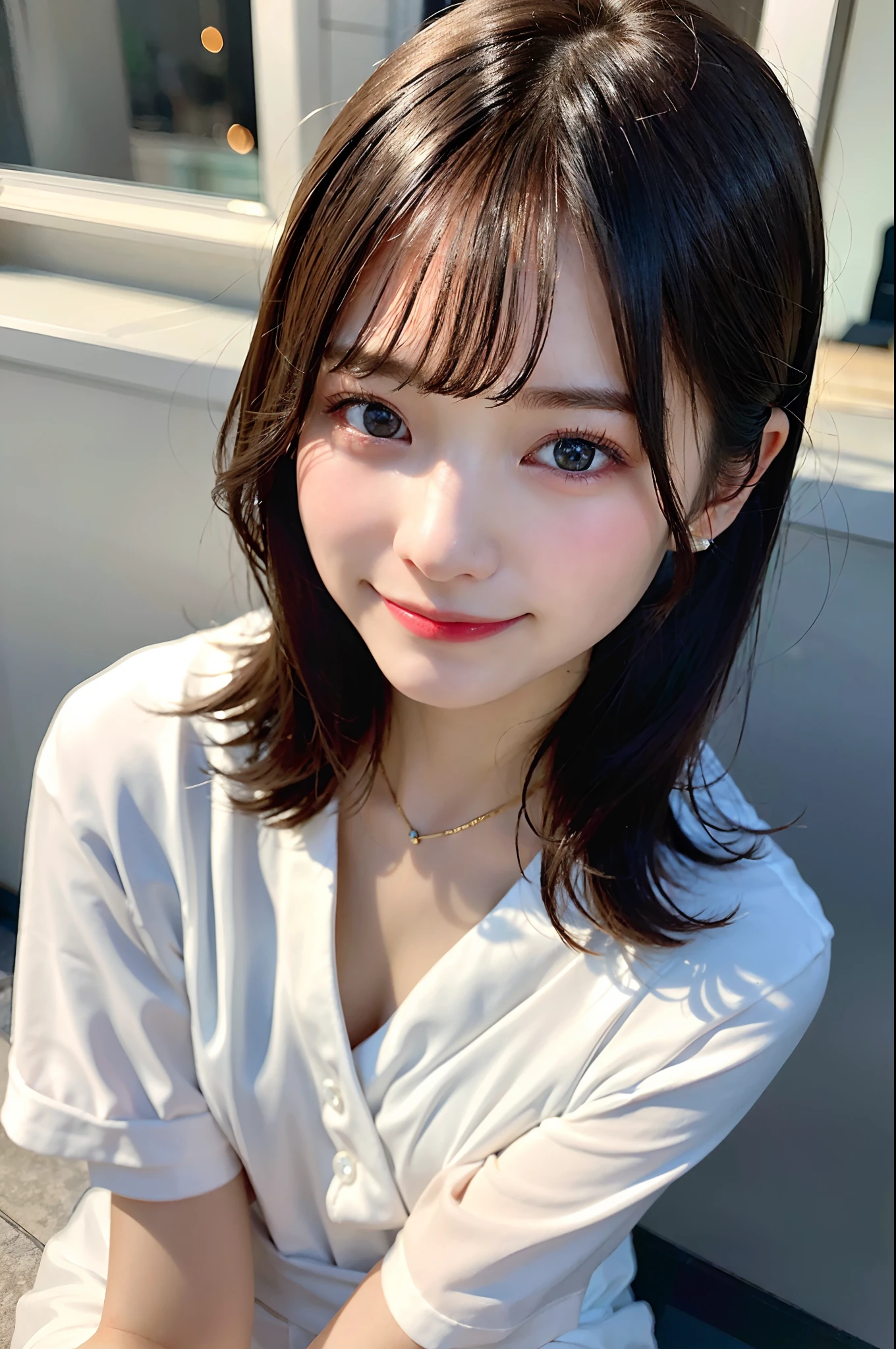 (8k, RAW photo, best quality, masterpiece, ultra detailed, beautiful:1.2), (realistic, photo-realistic:1.5), sharp focus, SIGMA 85mm f/1.4., depth of field, blur background, bokeh, cinematic, soft light, cinematic 

extremely cute 1 Japanese actress, 22 years old, detailed pale skin, detailed face, detailed brown eyes, seductive naughty smile, looking at viewer,  looking up,(extremely close up, leaning forward: 1.3), short straight black hair, white dress shirt, naked shirt,cleavage ,open white formal shirts,large white shirts,no panties,bottomless, sexy pose, cozy modern room