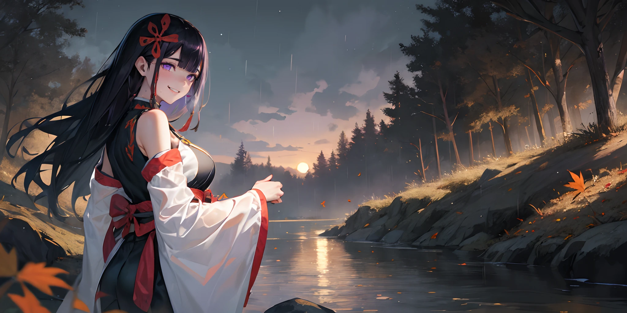 yamashiro768, (black hair, long hair, purple eyes:1.4), hair ornament, autumn_leaves, maple_leaf, 1girl, leaf, autumn, falling_leaves, long_hair, solo, wet, detached_sleeves, black_hair, outdoors, see-through, wet_clothes, breasts, sky, night, holding_leaf, water, looking_at_viewer, bare_shoulders, hair_ornament, smile, lake, cloud, sash, brown_eyes, large_breasts, wide_sleeves, bangs, parted_lips, very_long_hair, standing, dress, flower, rain, night_sky, obi, ripples, hair_between_eyes, looking_back, tree, wading, from_side, long_sleeves, holding, makeup