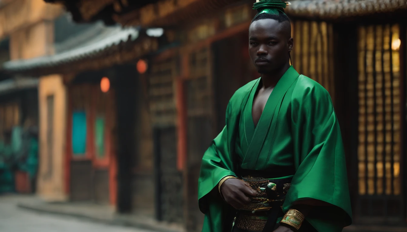 Africans wear black and green kimonos, masks and hoods，He wears a cyberpunk-style katana around his waist