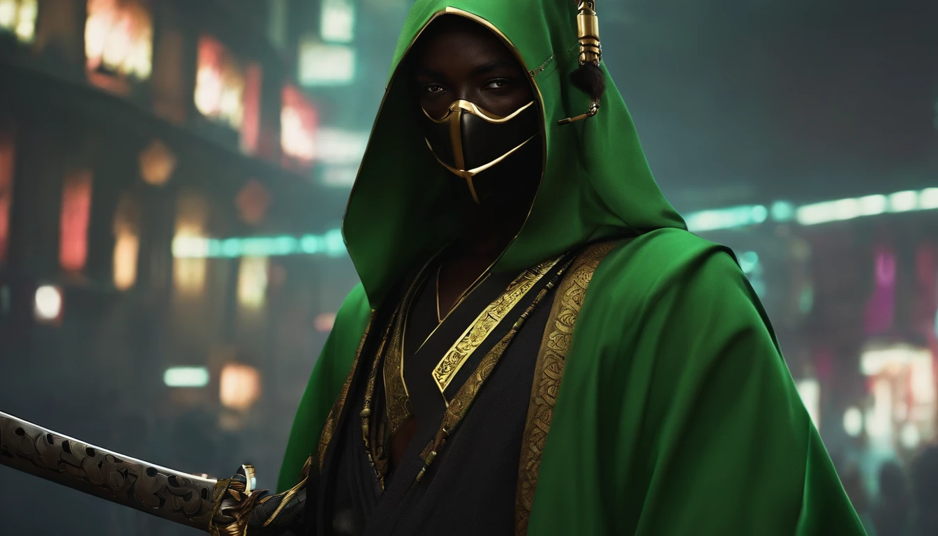 Africans wear black and green kimonos, masks and hoods，He wears a cyberpunk-style katana around his waist