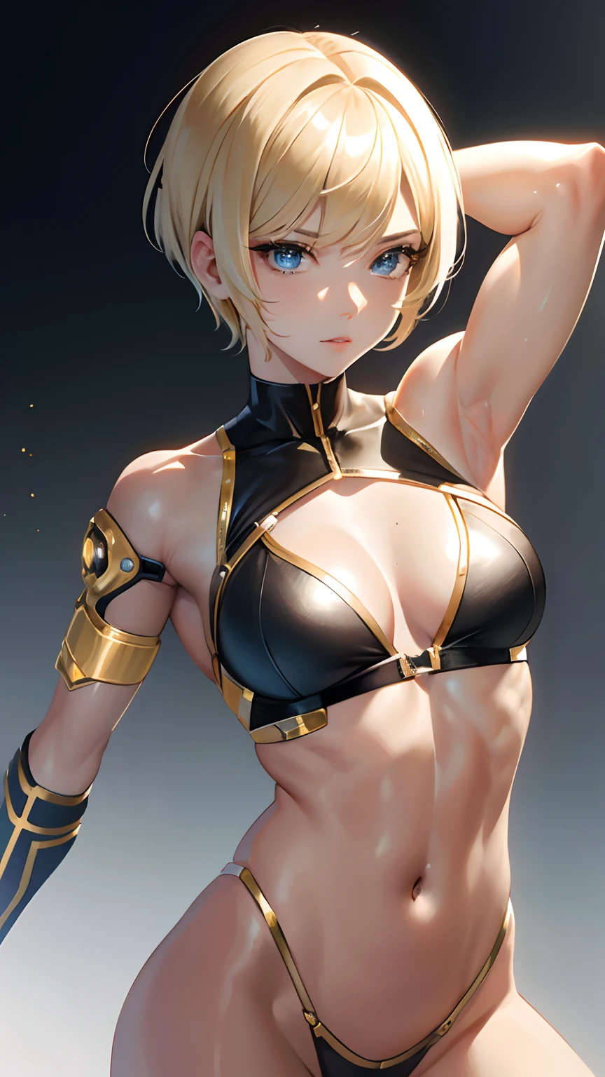 Beautiful cybernetic blonde girl looking at camera with realistic masterpiece of detailed muscles in underwear, The upper part of the body、Active Pose, actionpose, Loose Ruth |, Gold Parts, fringe, short-haired, back-view, shores